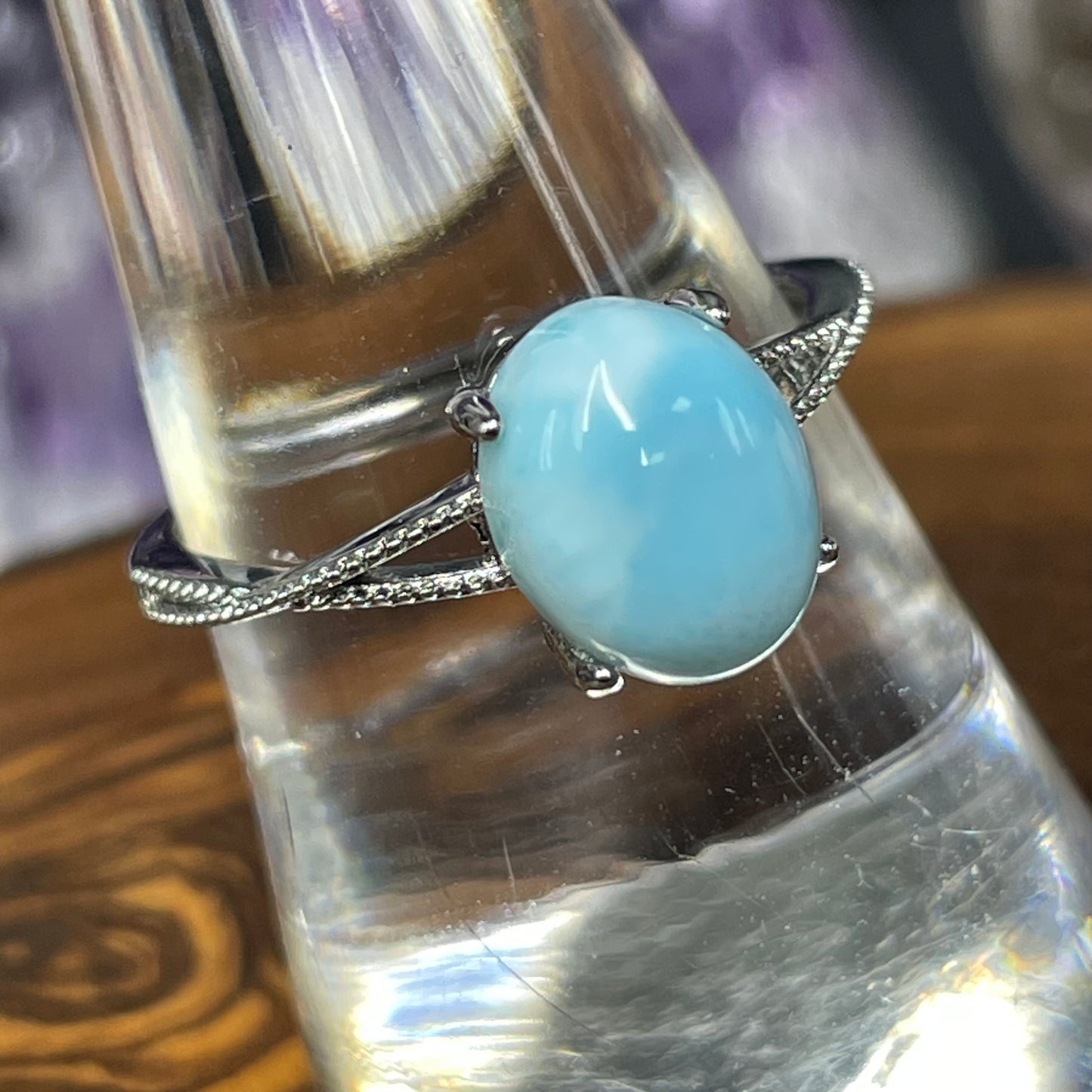 Adjustable Larimar Crystal Silver Plated Ring