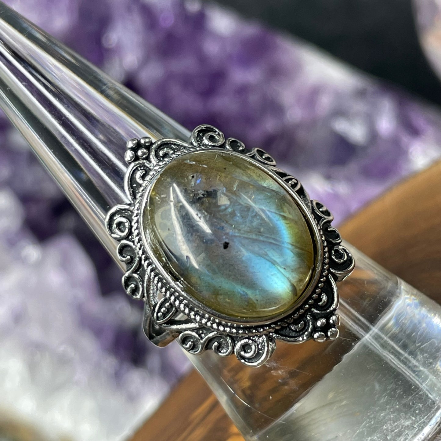 Adjustable Labradorite Crystal Silver Plated Ring