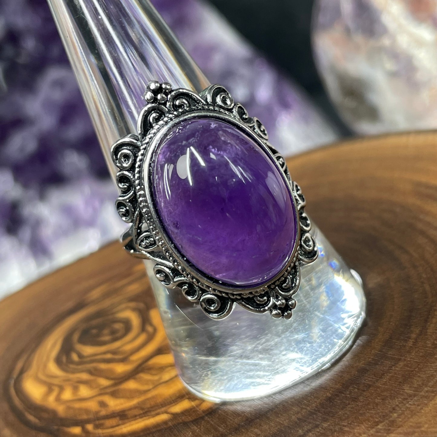 Adjustable Amethyst Crystal Silver Plated Ring