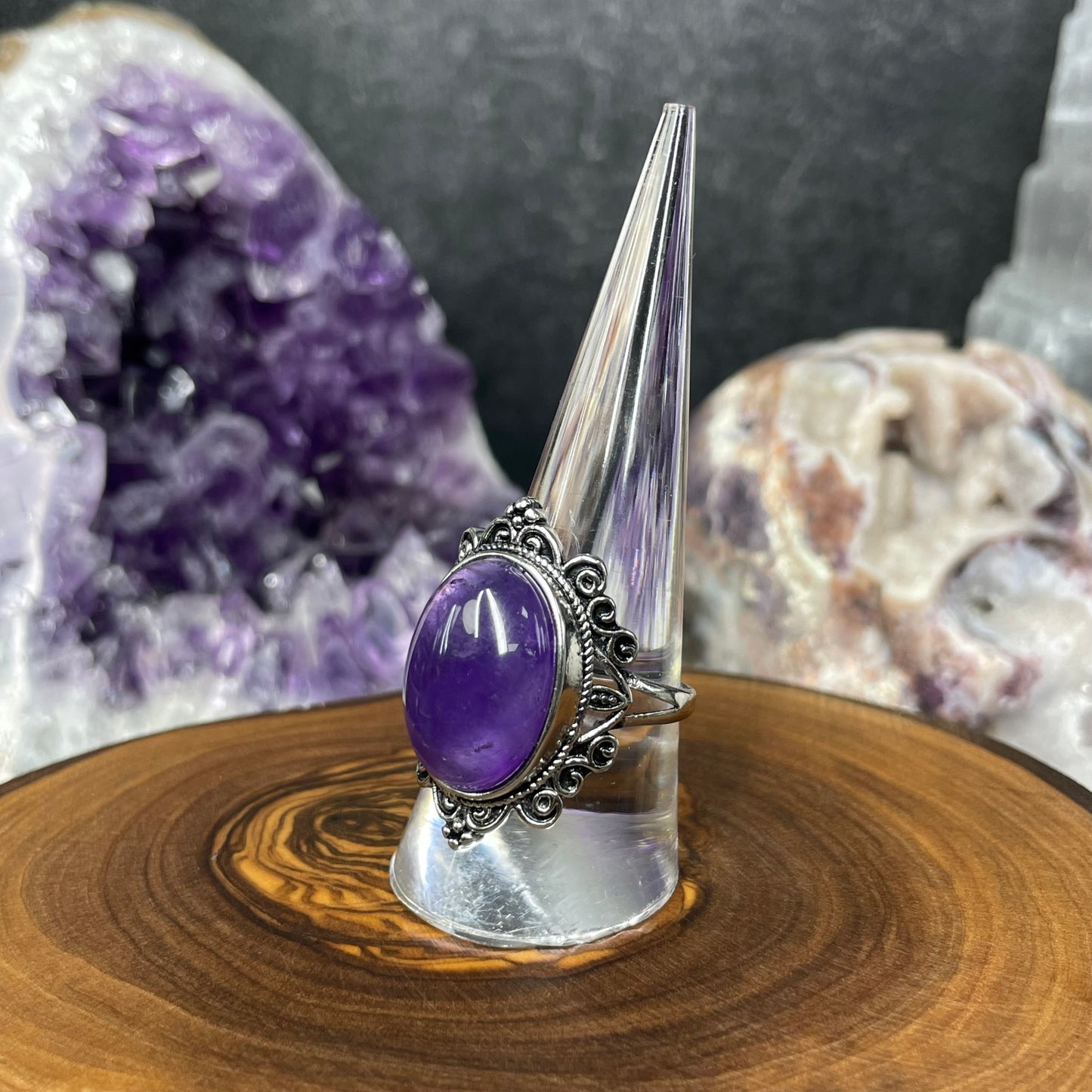 Adjustable Amethyst Crystal Silver Plated Ring