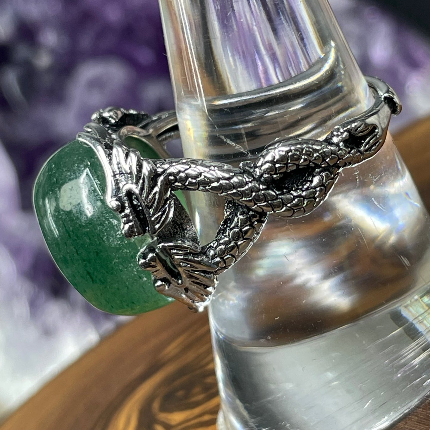 Adjustable Green Strawberry Quartz Crystal Silver Plated Dragon Ring
