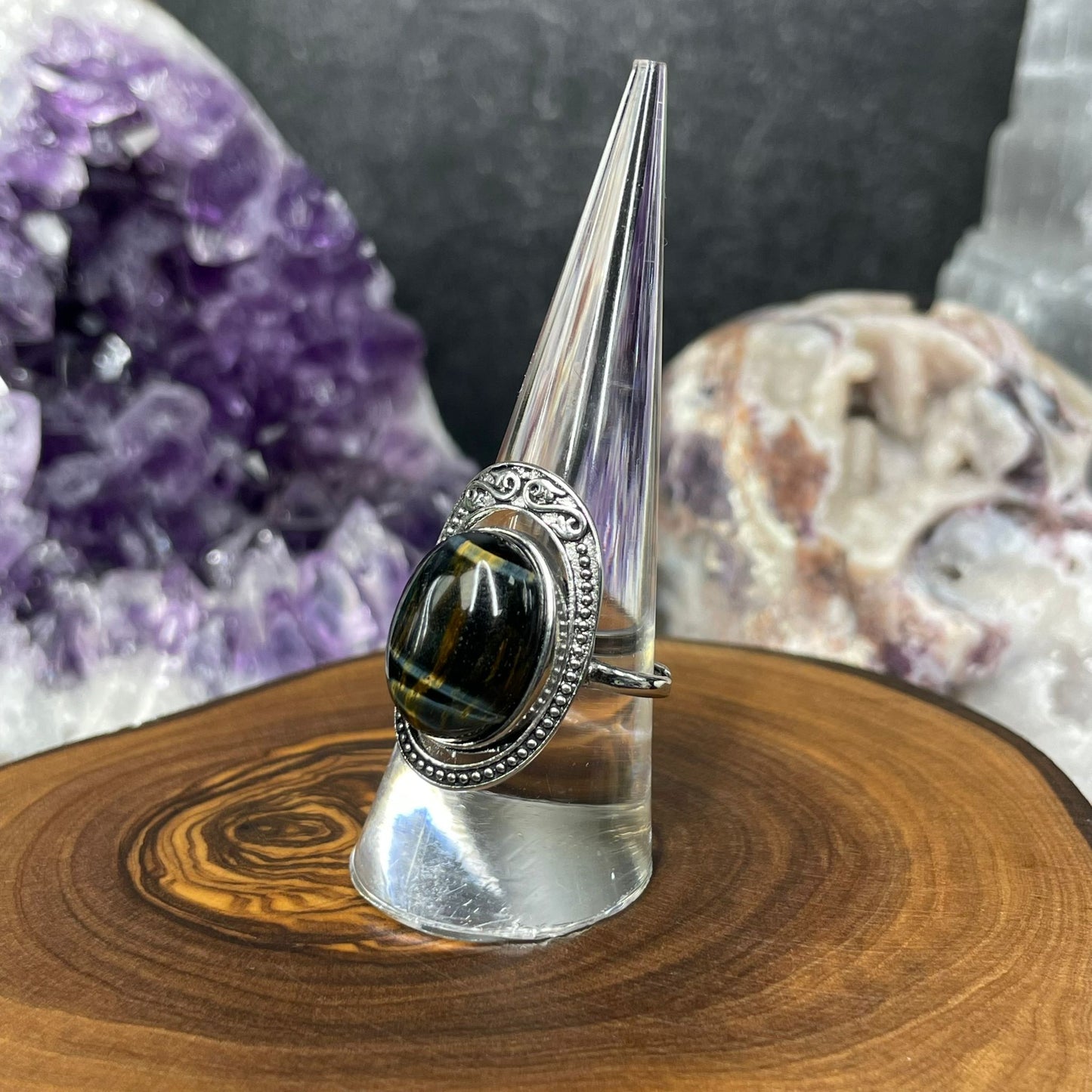 Adjustable Blue Tiger's Eye Crystal Silver Plated Ring