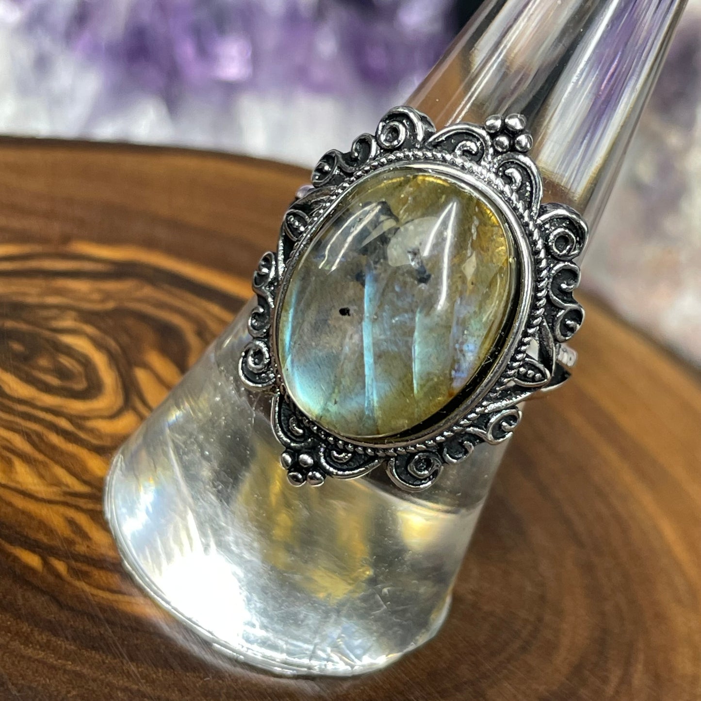 Adjustable Labradorite Crystal Silver Plated Ring