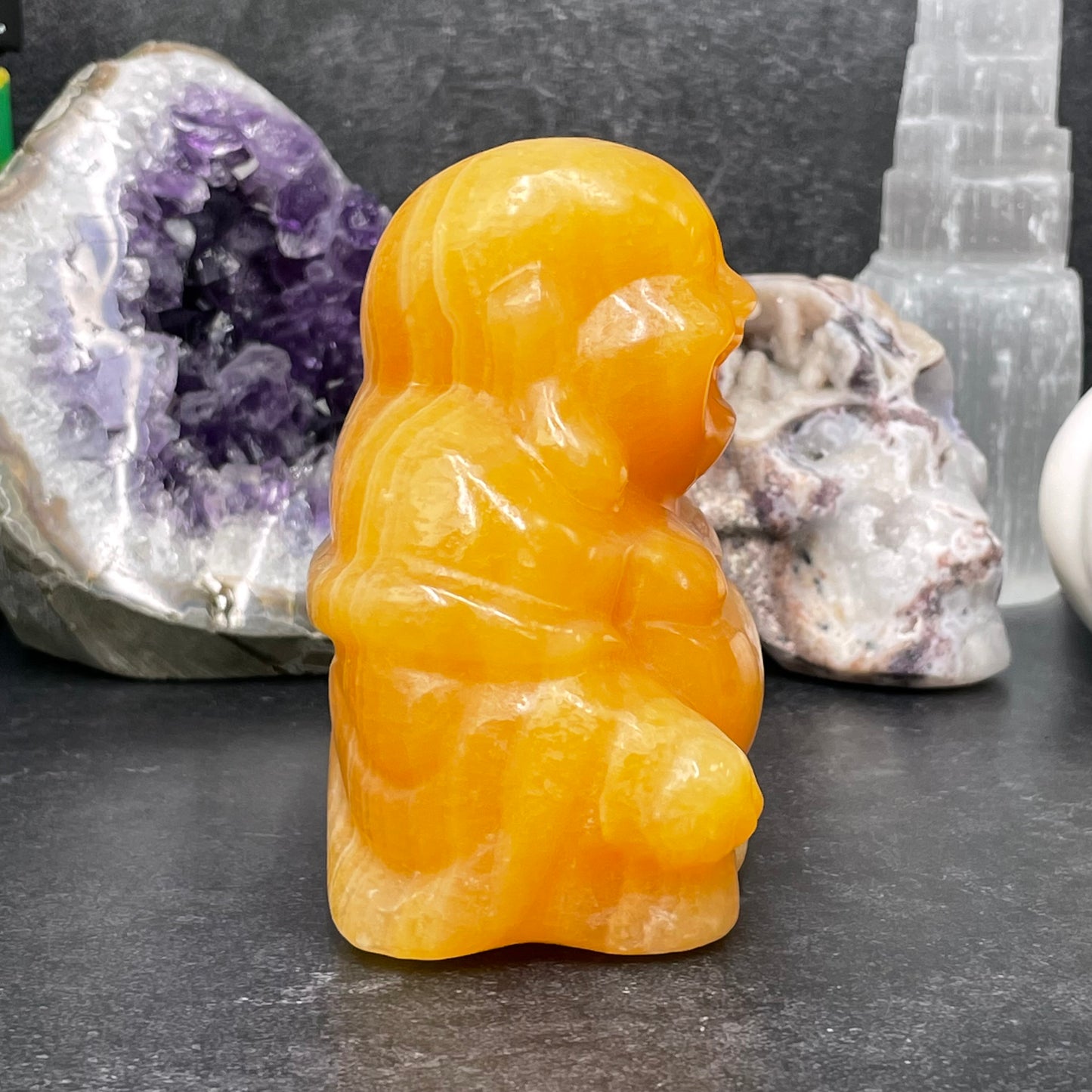Large Yellow Calcite Crystal Laughing Buddha Carving