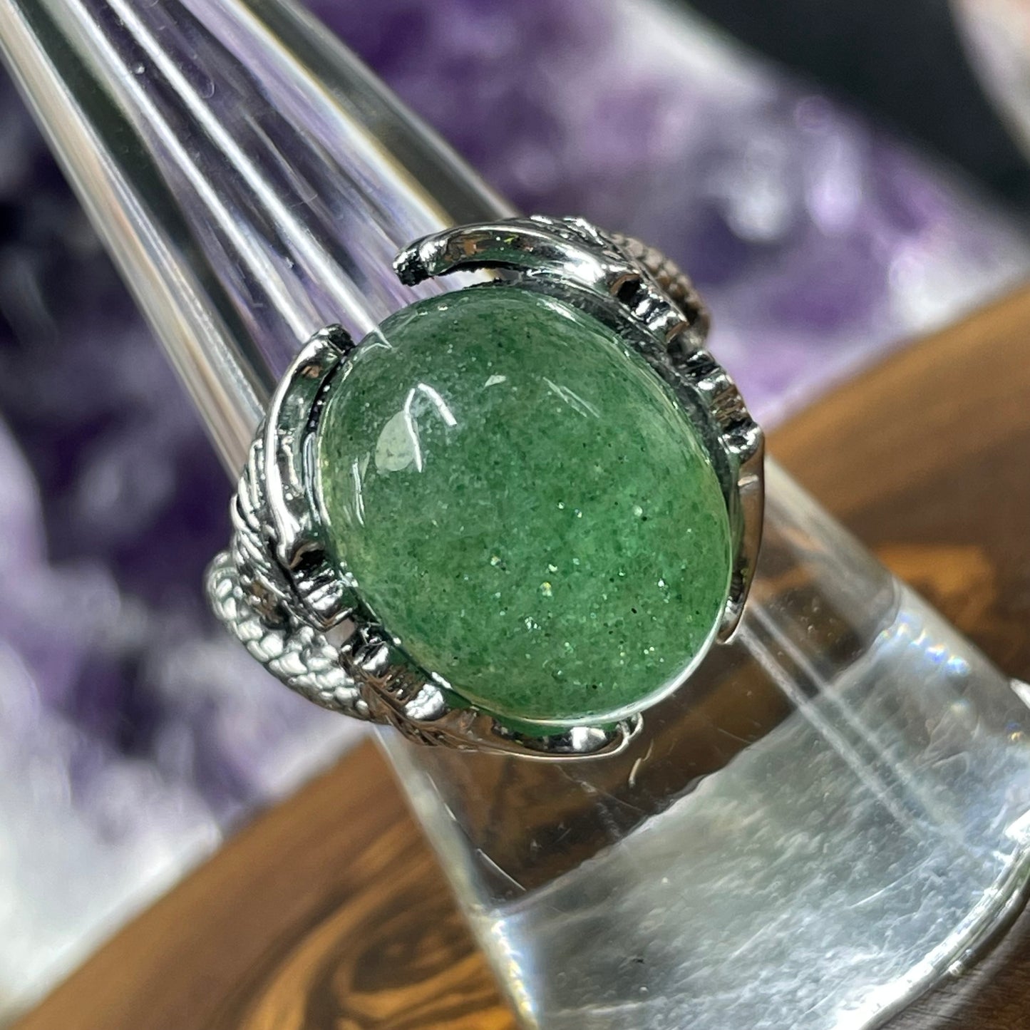 Adjustable Green Strawberry Quartz Crystal Silver Plated Dragon Ring