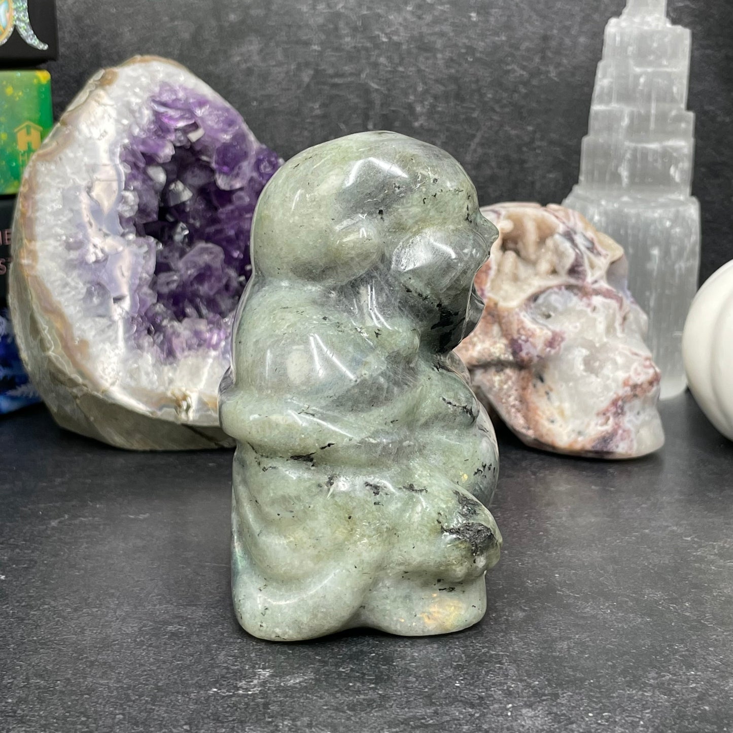 Large Labradorite Crystal Laughing Buddha Carving