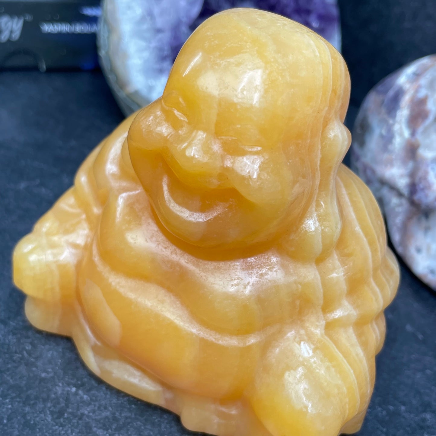 Large Yellow Calcite Crystal Laughing Buddha Carving