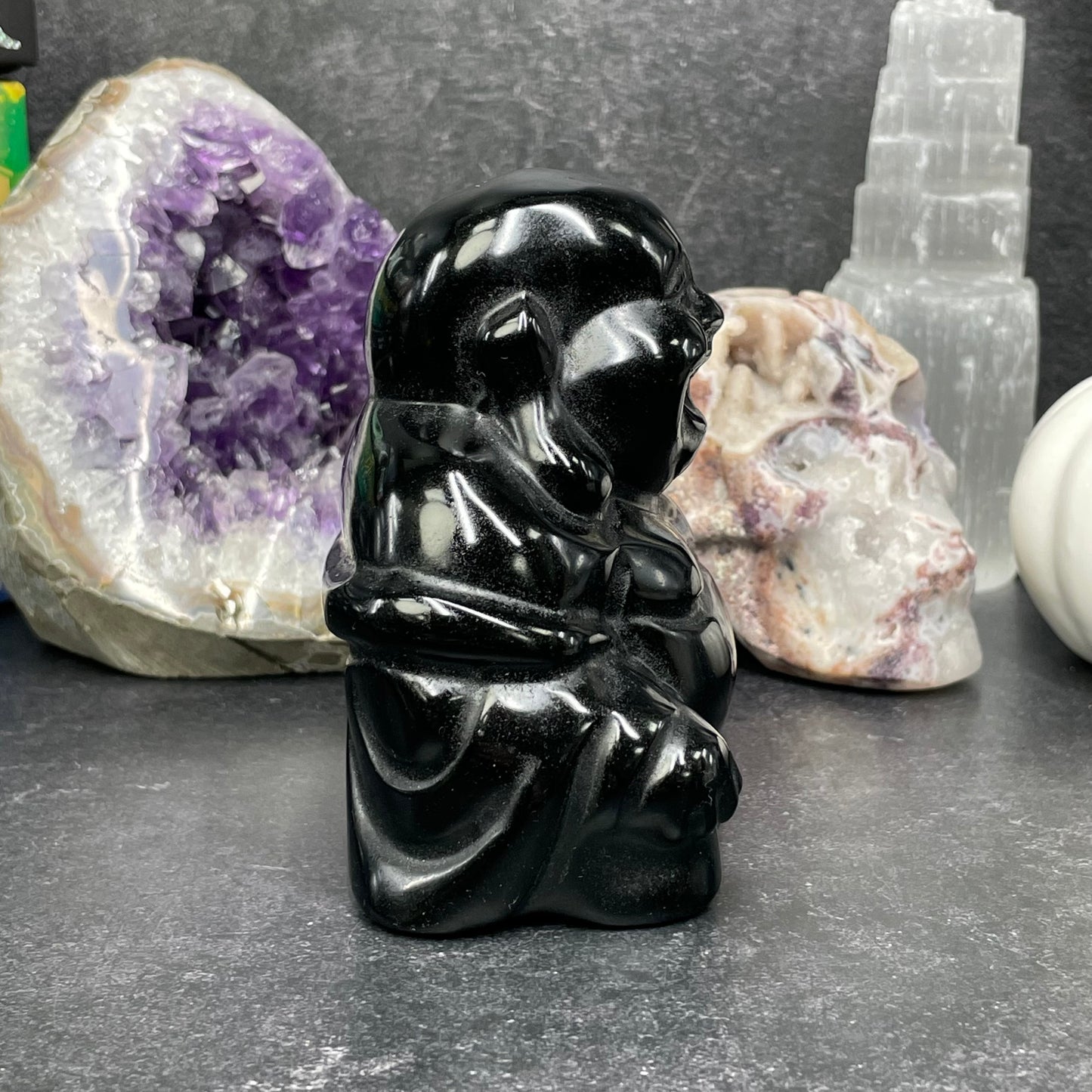 Large Black Obsidian Crystal Laughing Buddha Carving