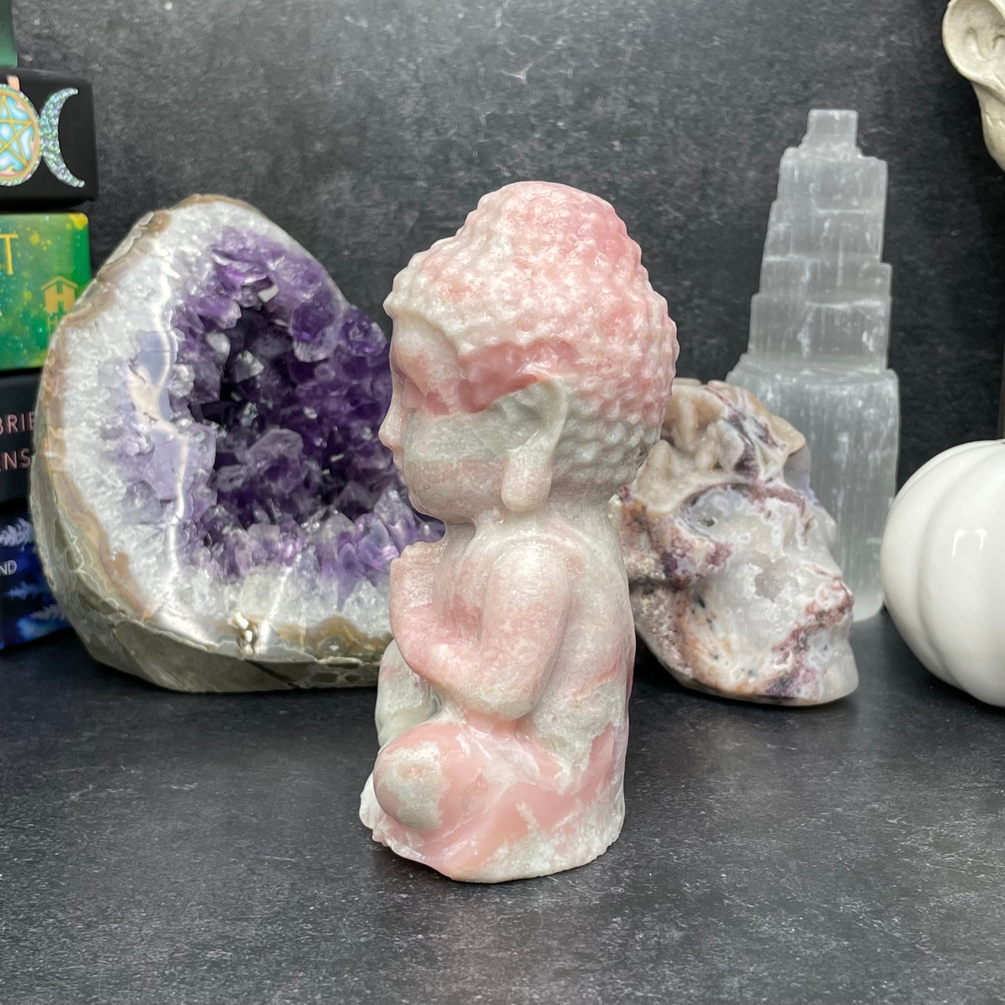 Large Pink Opal Crystal Buddha Carving