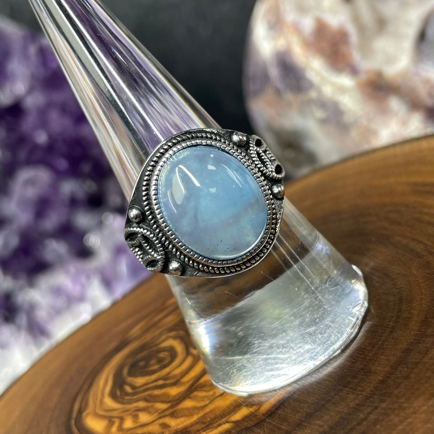 Adjustable Aquamarine Crystal Silver Plated Ring