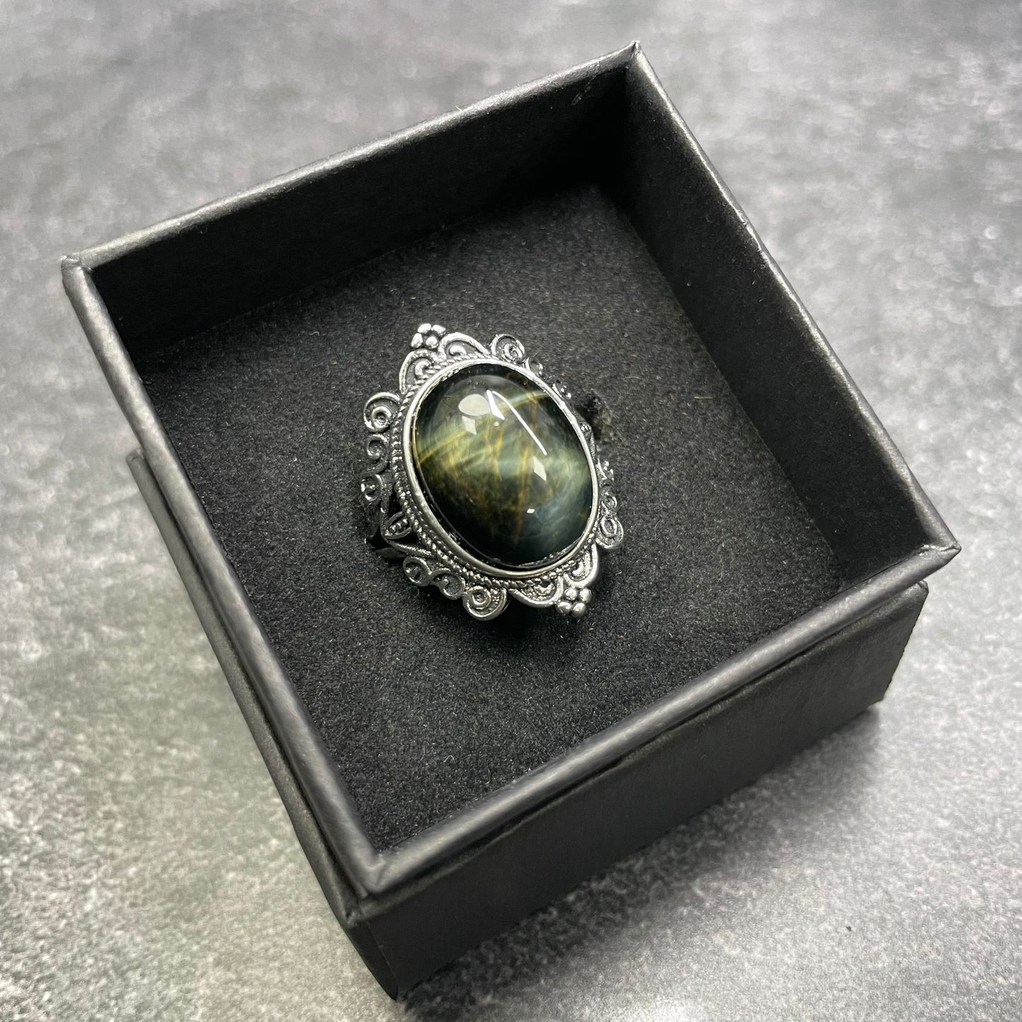 Adjustable Blue Tiger's Eye Crystal Silver Plated Ring