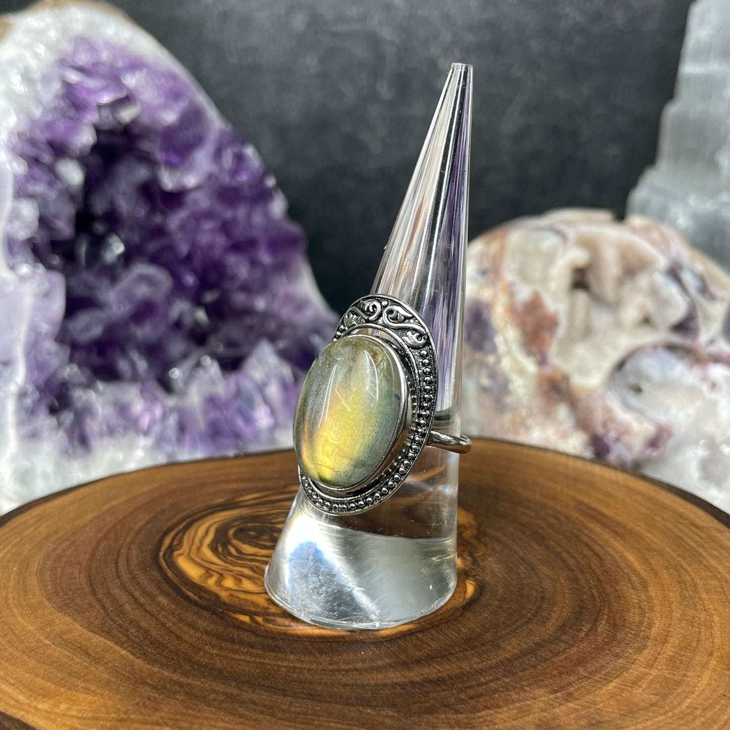 Adjustable Labradorite Crystal Silver Plated Ring
