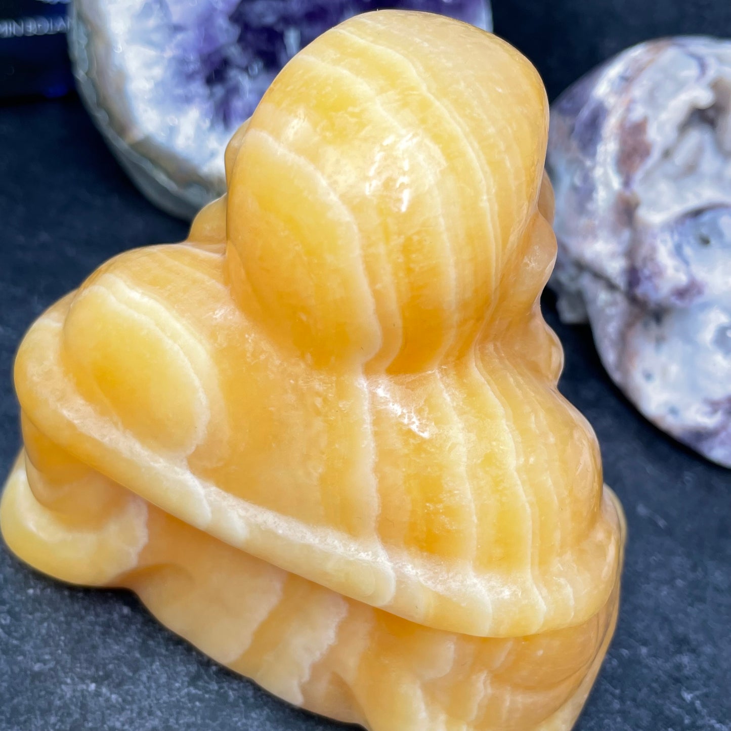 Large Yellow Calcite Crystal Laughing Buddha Carving
