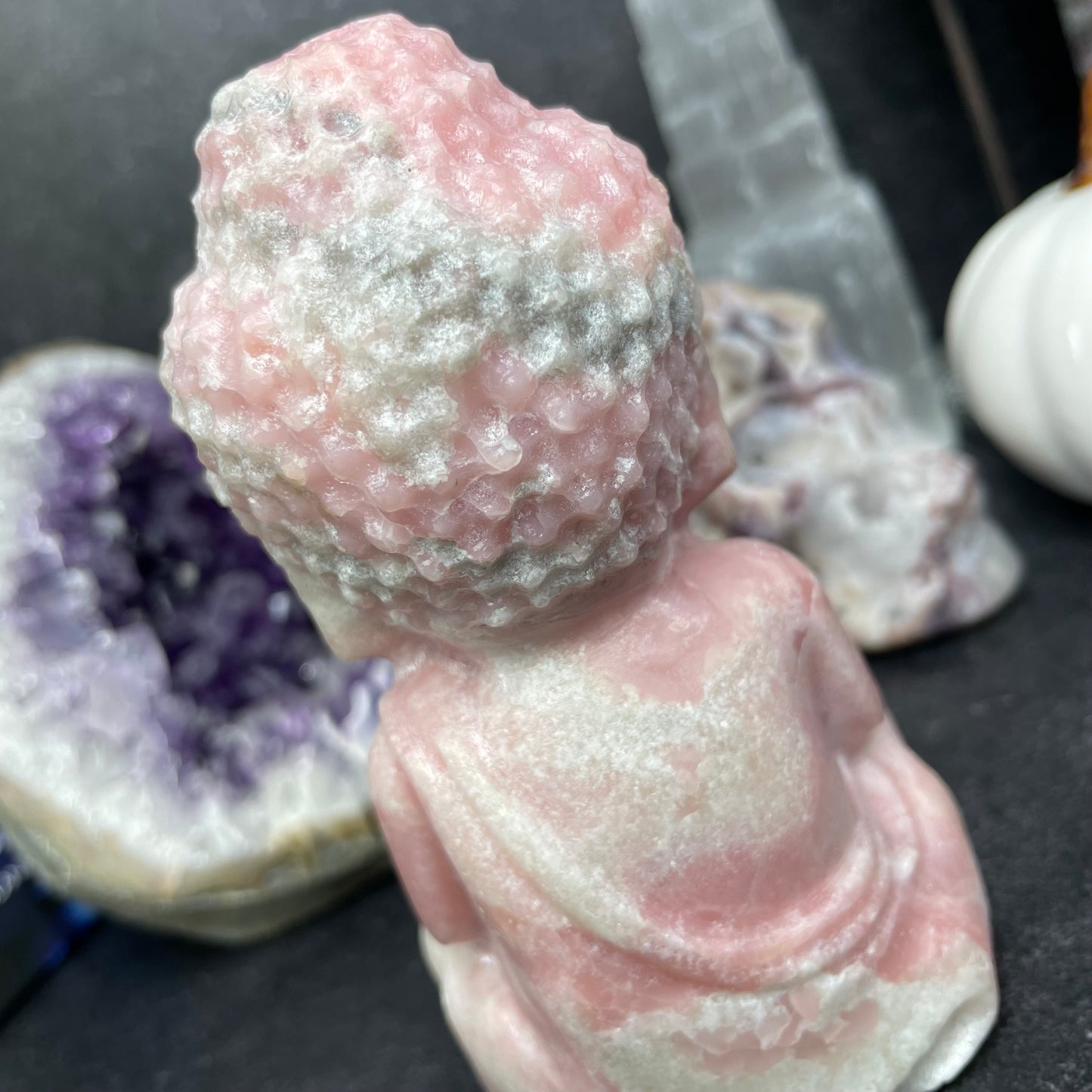 Large Pink Opal Crystal Buddha Carving