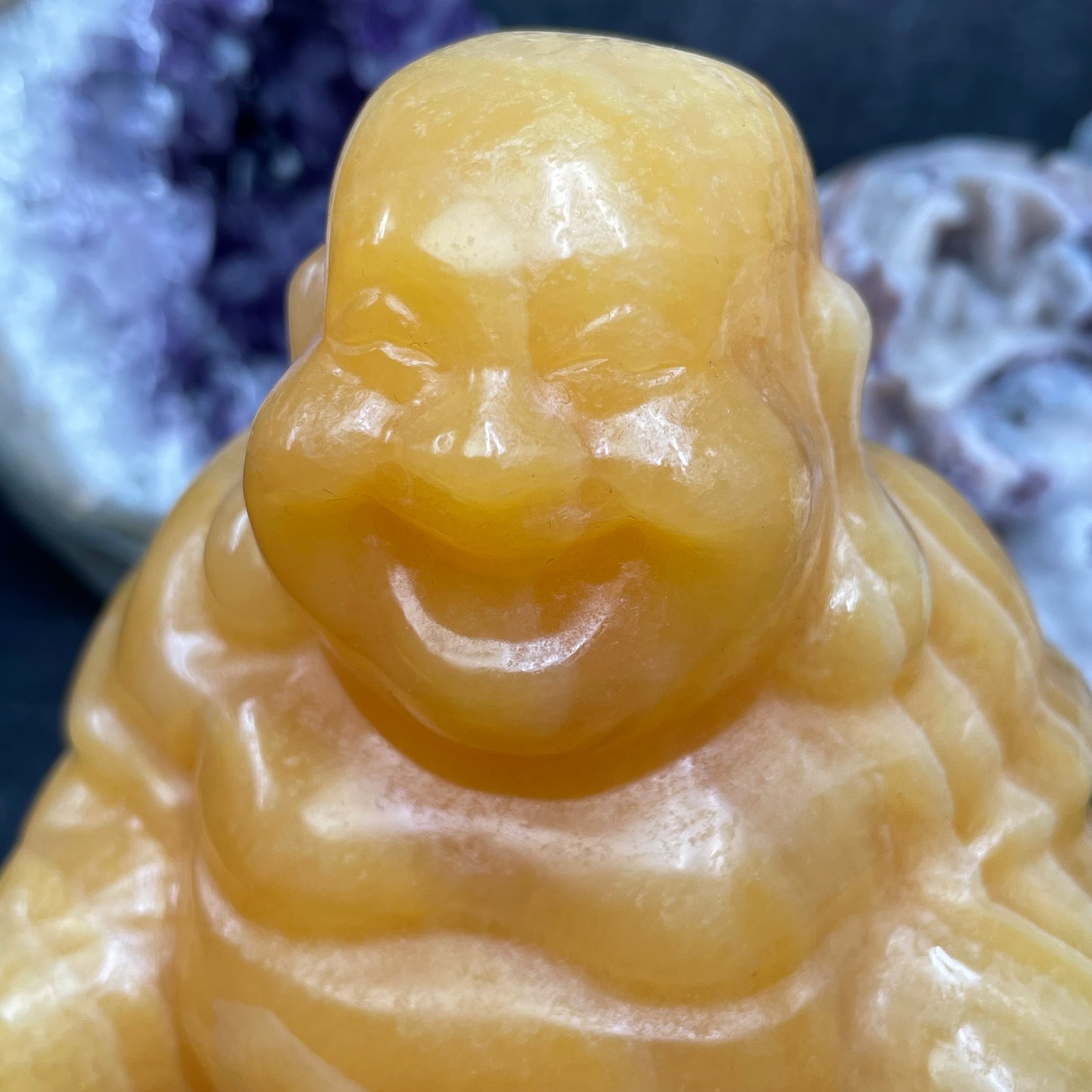 Large Yellow Calcite Crystal Laughing Buddha Carving