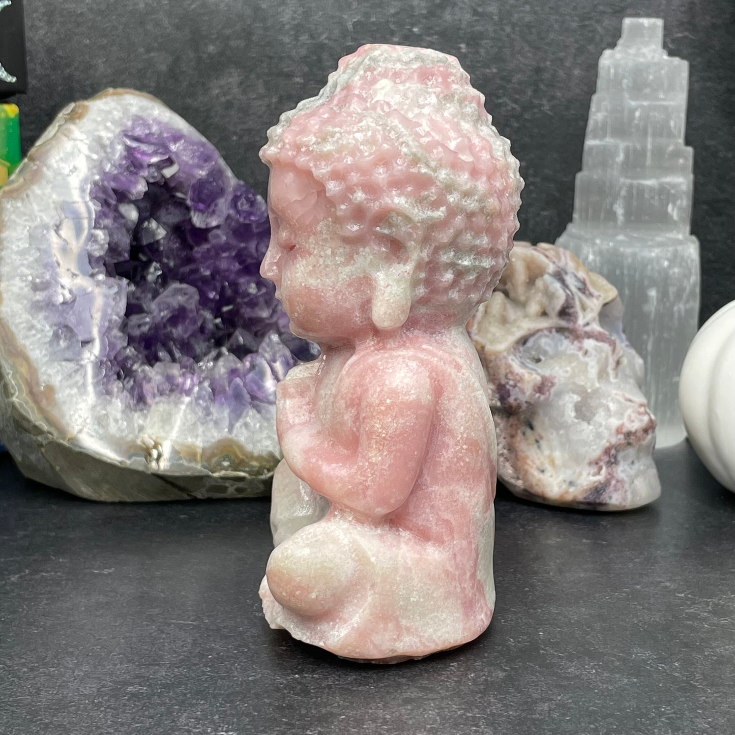Large Pink Opal Crystal Buddha Carving