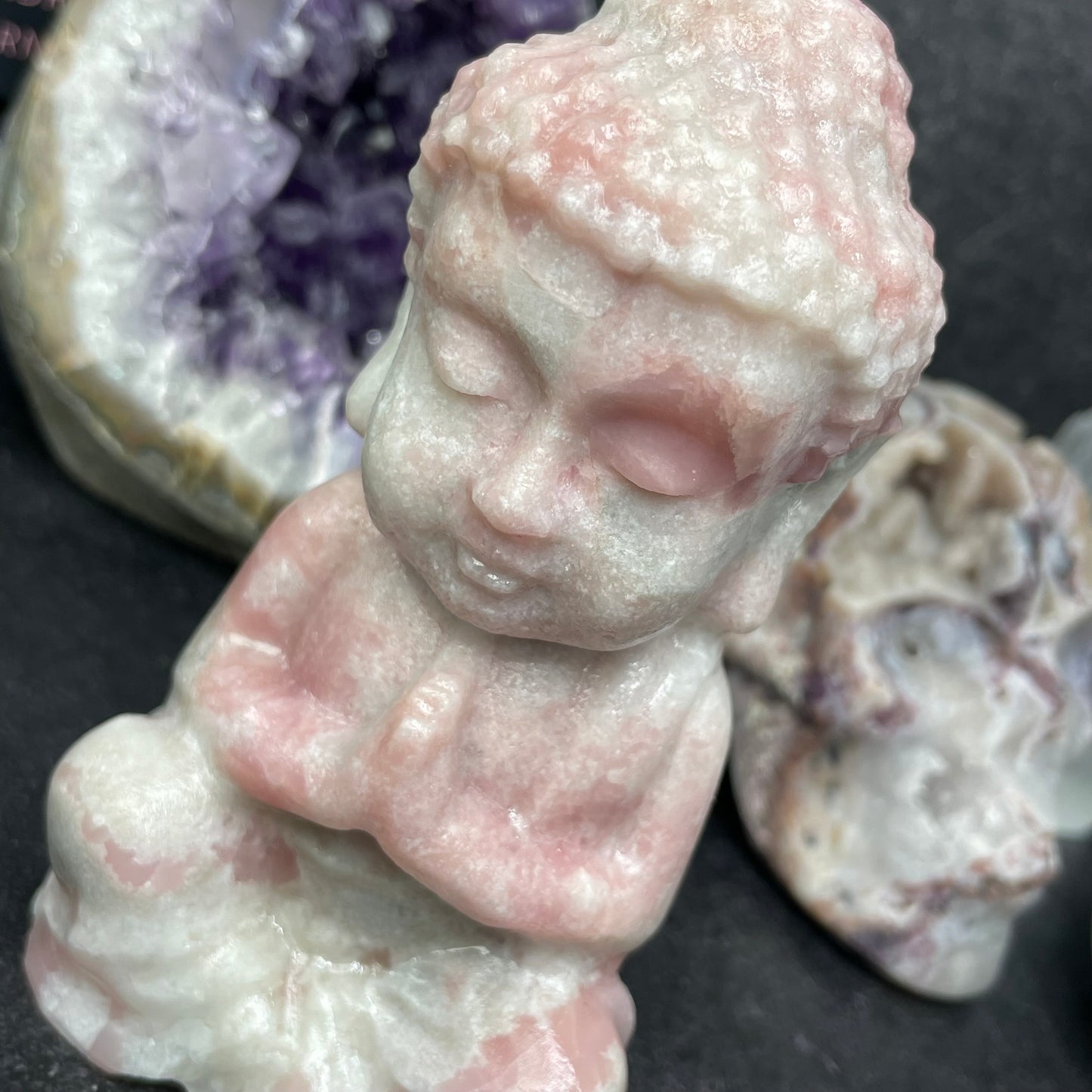 Large Pink Opal Crystal Buddha Carving
