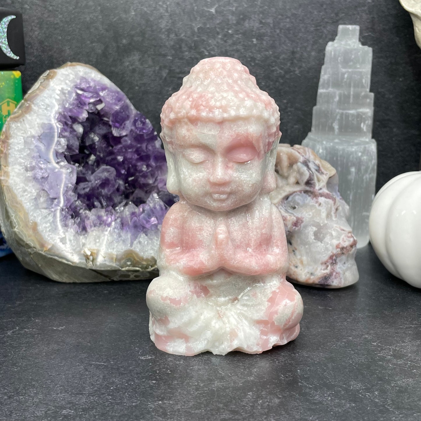 Large Pink Opal Crystal Buddha Carving