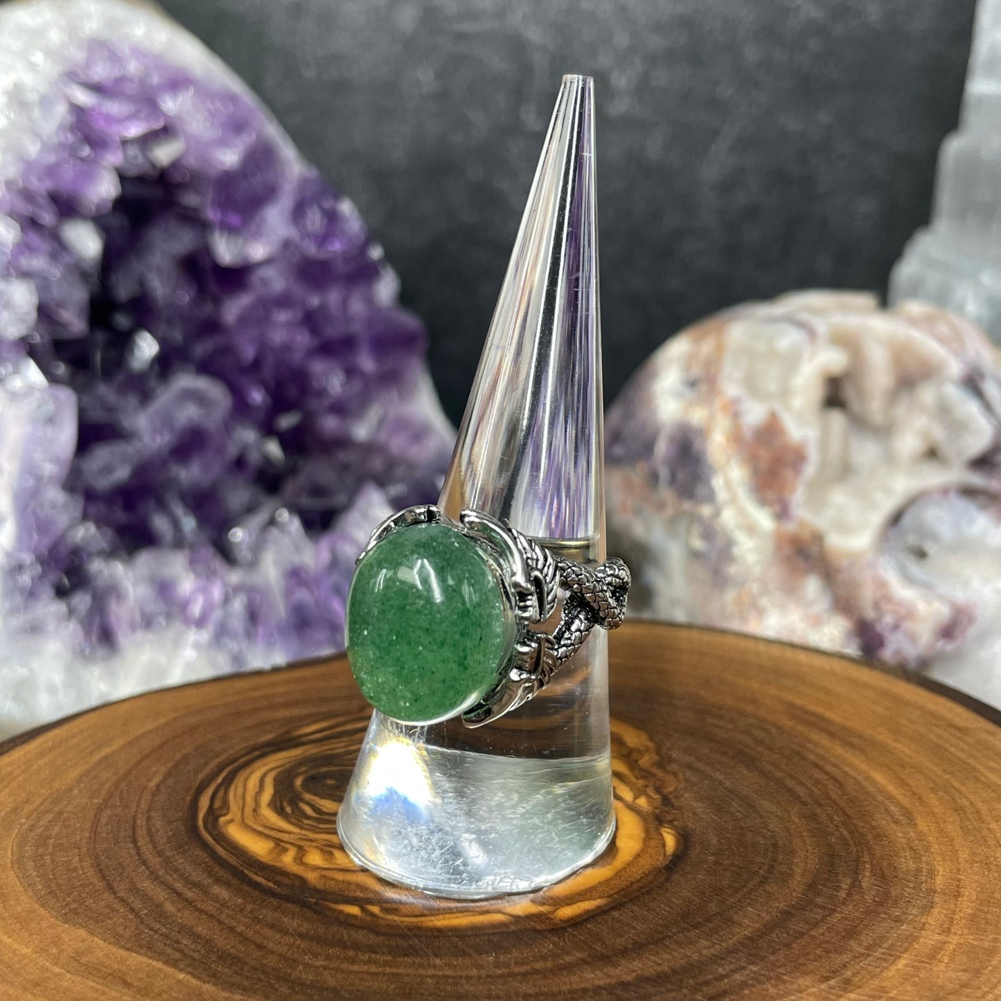 Adjustable Green Strawberry Quartz Crystal Silver Plated Dragon Ring