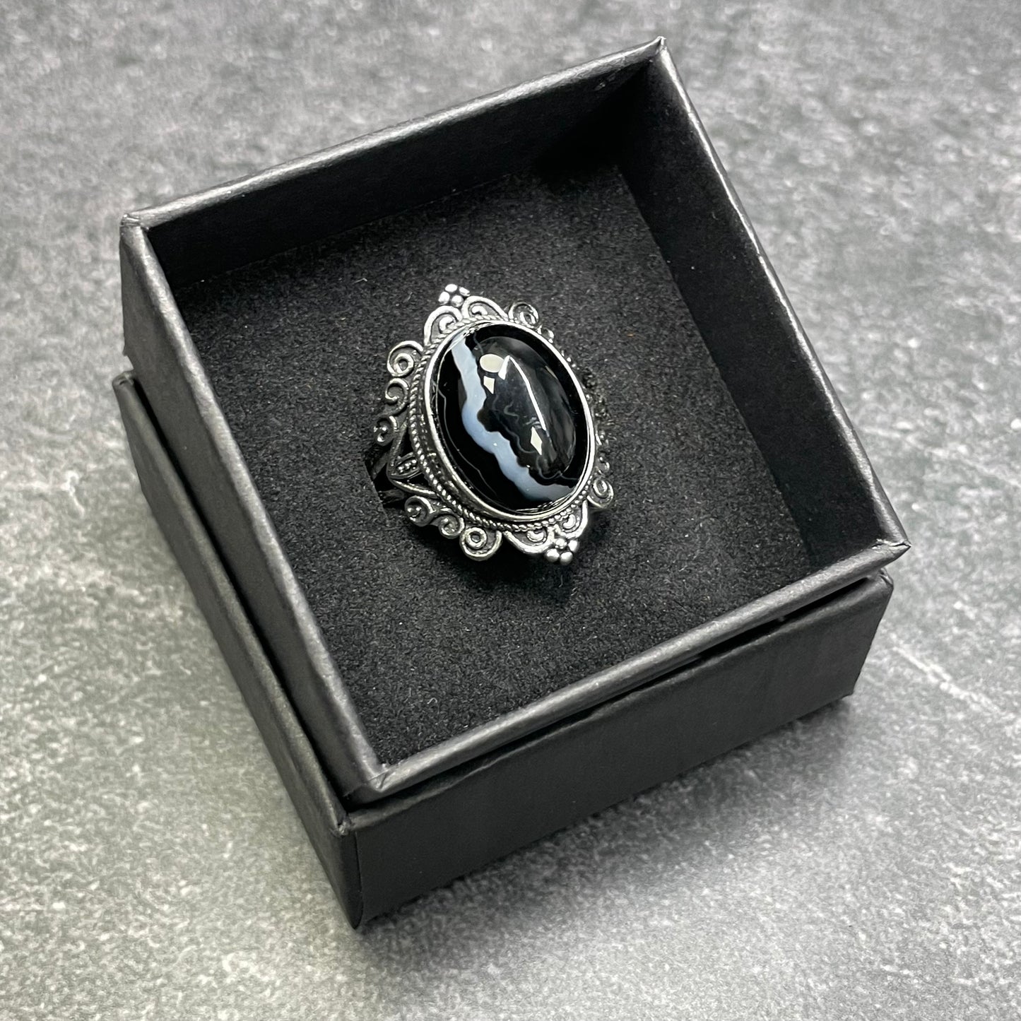 Adjustable Black Agate Crystal Silver Plated Ring