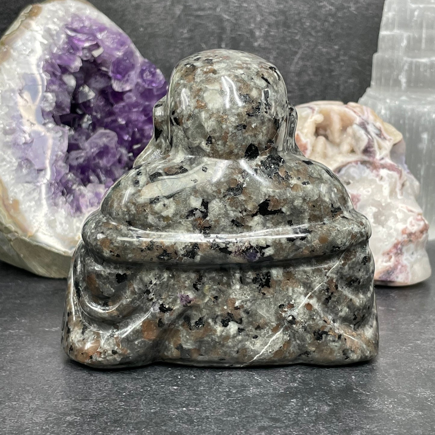 Yooperlite Crystal Laughing Buddha Carving