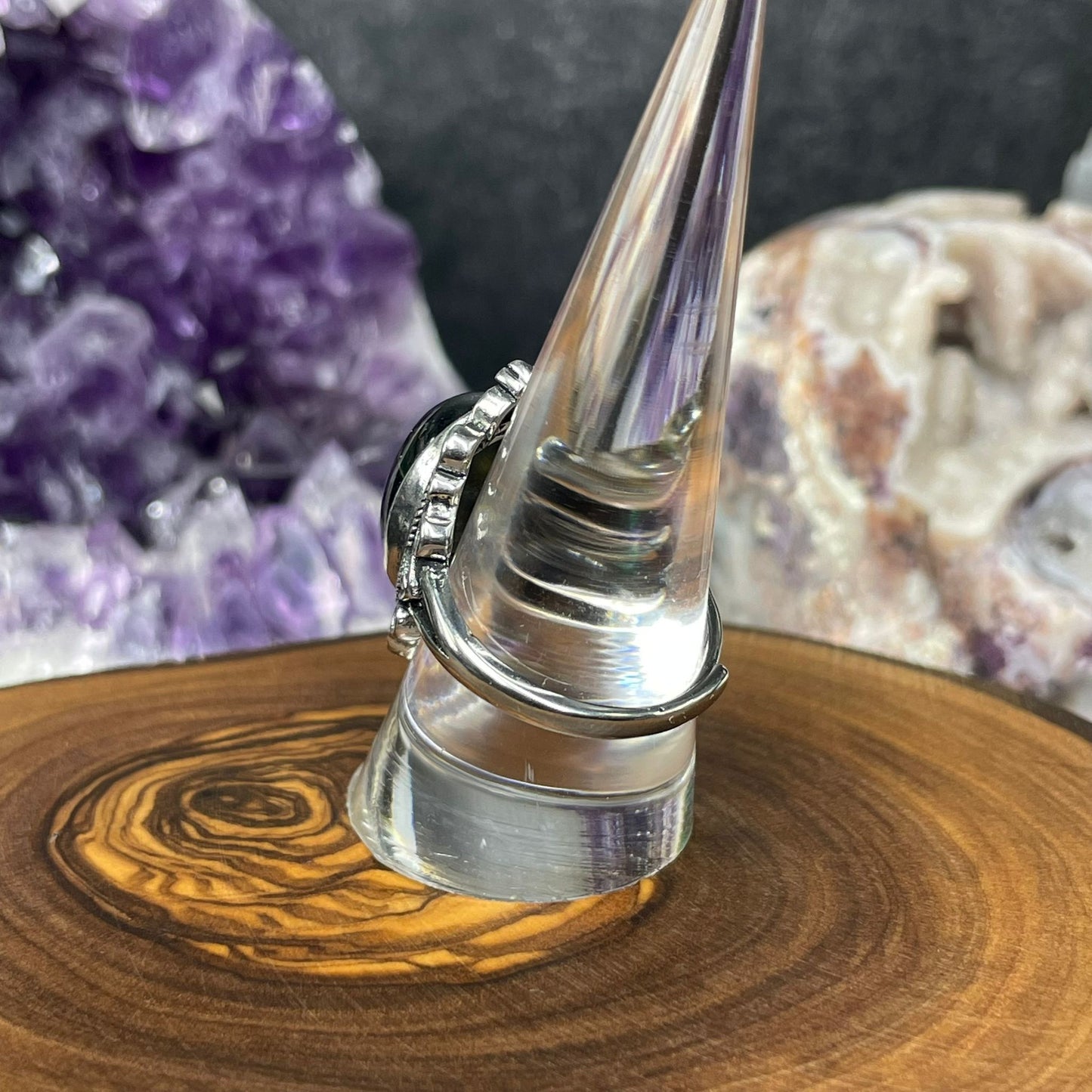 Adjustable Blue Tiger's Eye Crystal Silver Plated Ring