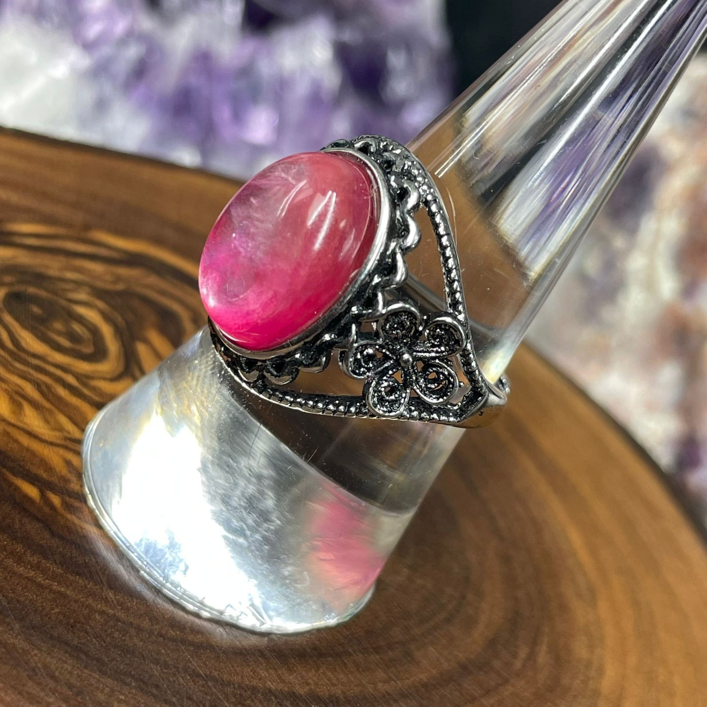 Adjustable Pink Mica Crystal Silver Plated Ring