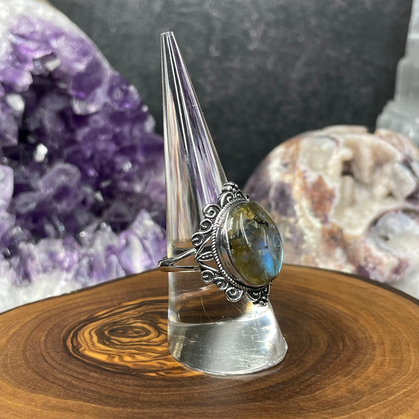 Adjustable Labradorite Crystal Silver Plated Ring