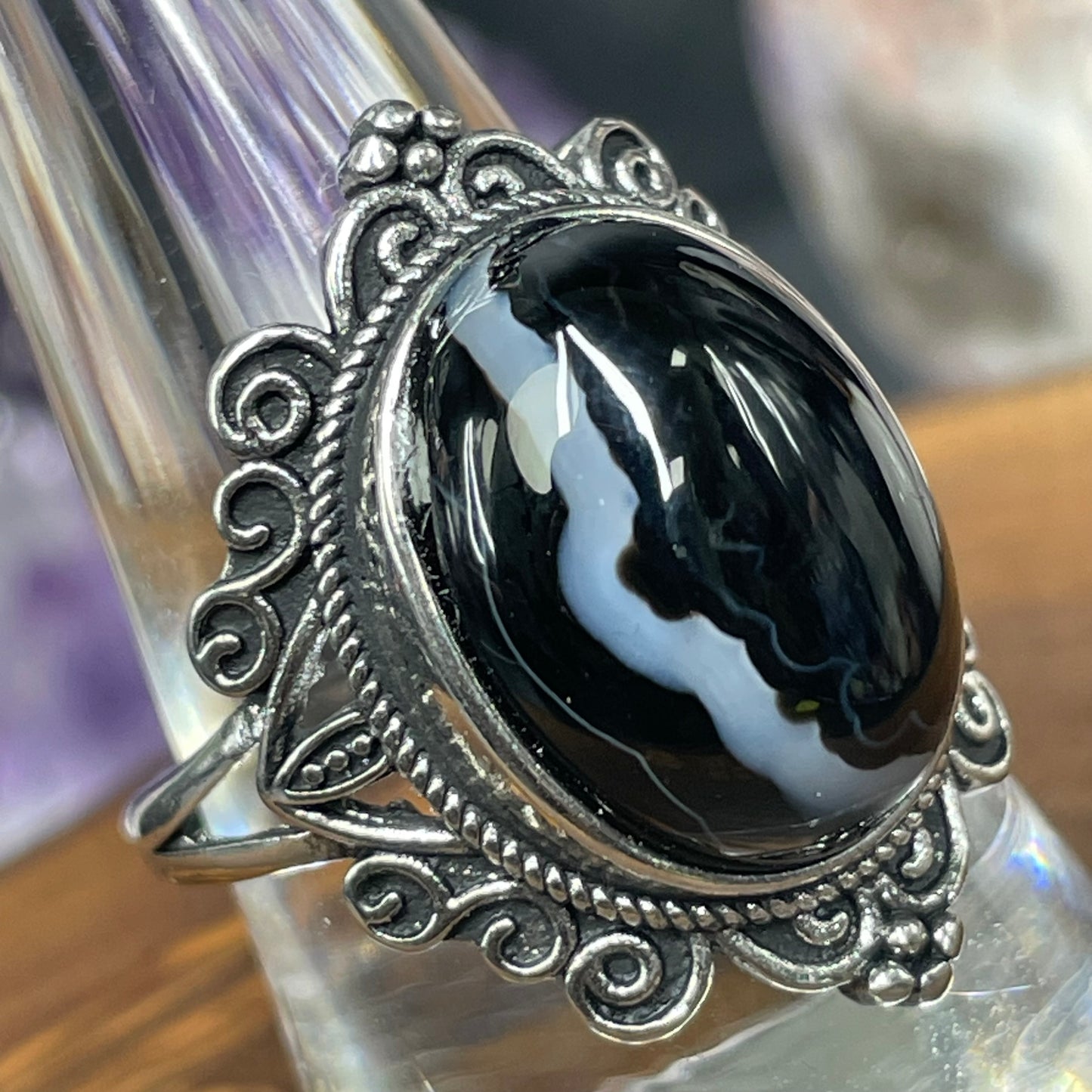 Adjustable Black Agate Crystal Silver Plated Ring