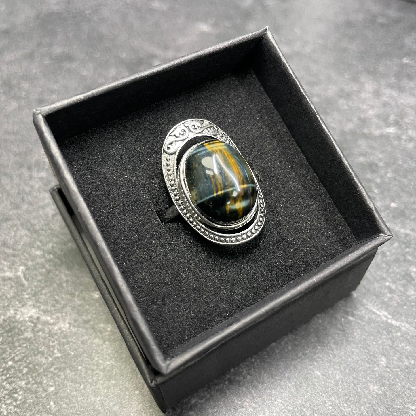 Adjustable Blue Tiger's Eye Crystal Silver Plated Ring