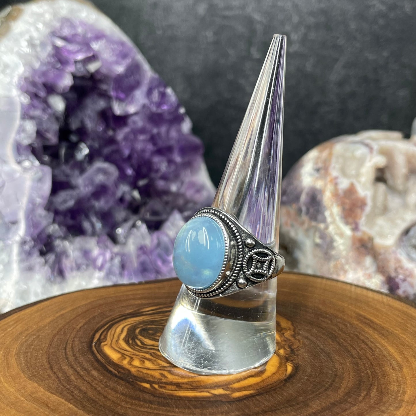 Adjustable Aquamarine Crystal Silver Plated Ring