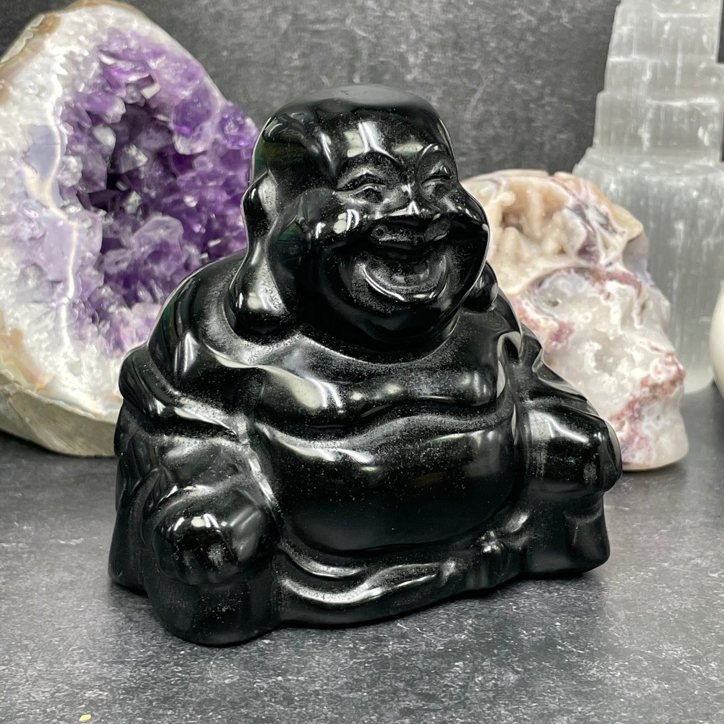 Large Black Obsidian Crystal Laughing Buddha Carving