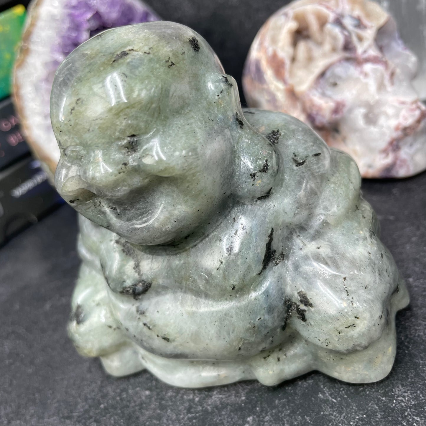Large Labradorite Crystal Laughing Buddha Carving