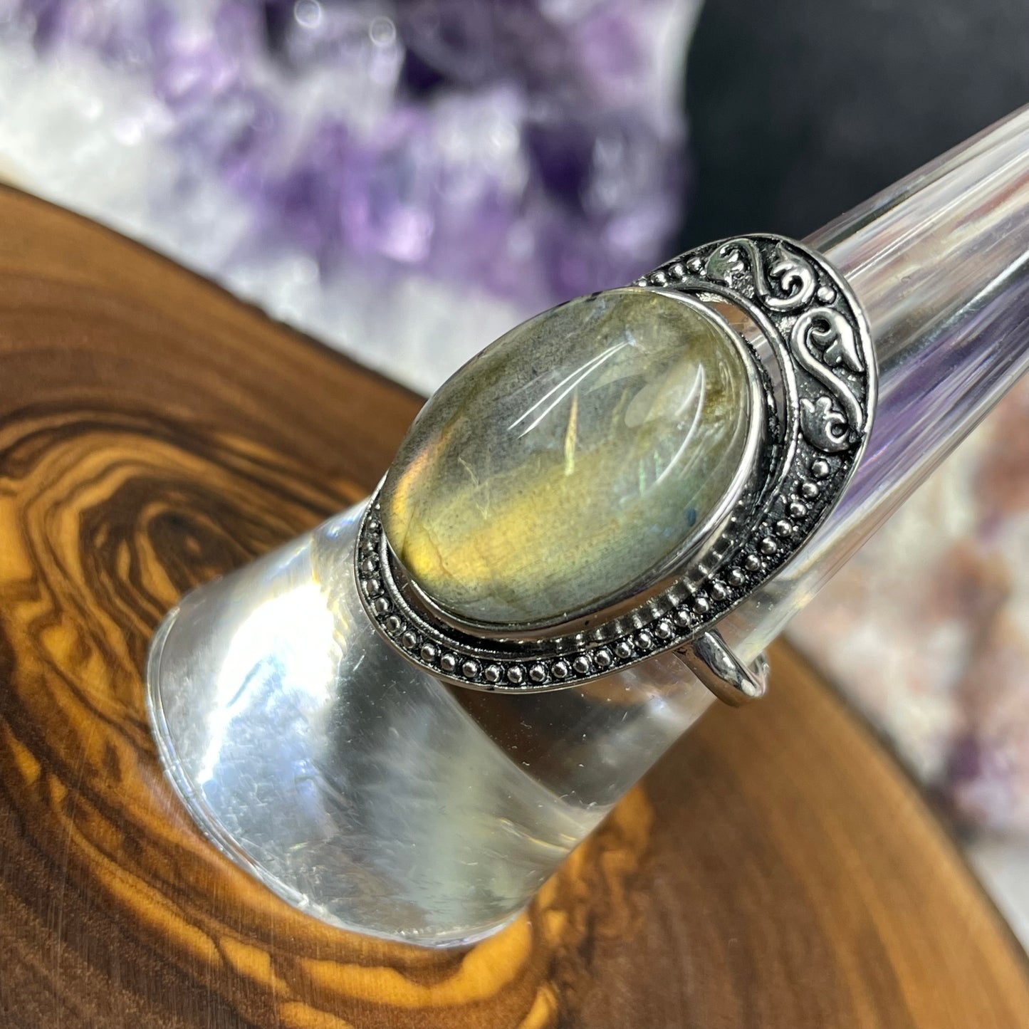Adjustable Labradorite Crystal Silver Plated Ring