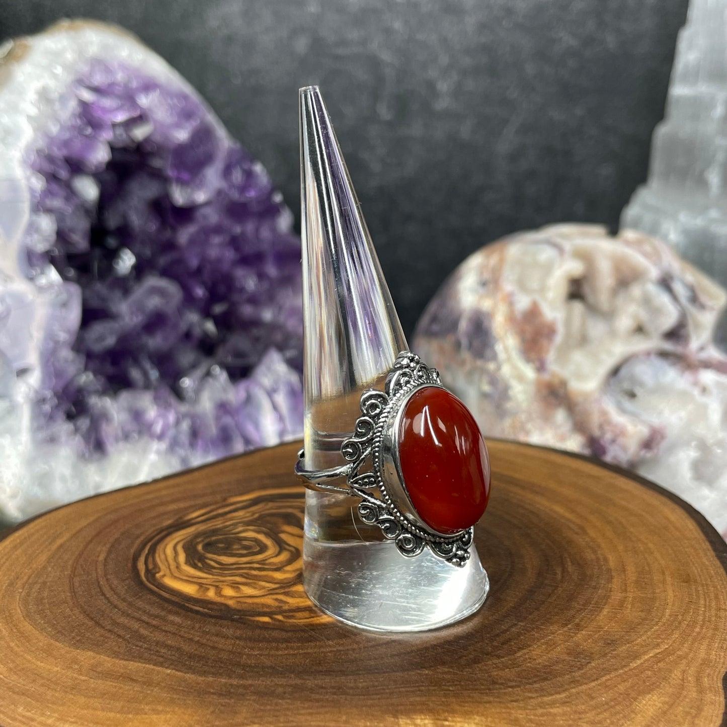 Adjustable Carnelian Crystal Silver Plated Ring