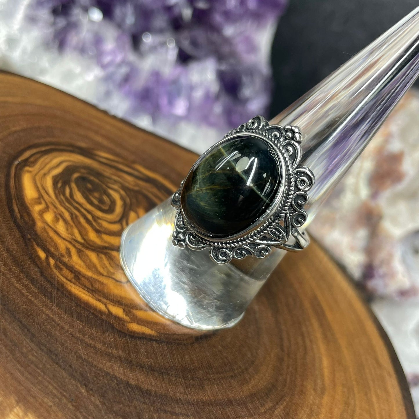 Adjustable Blue Tiger's Eye Crystal Silver Plated Ring