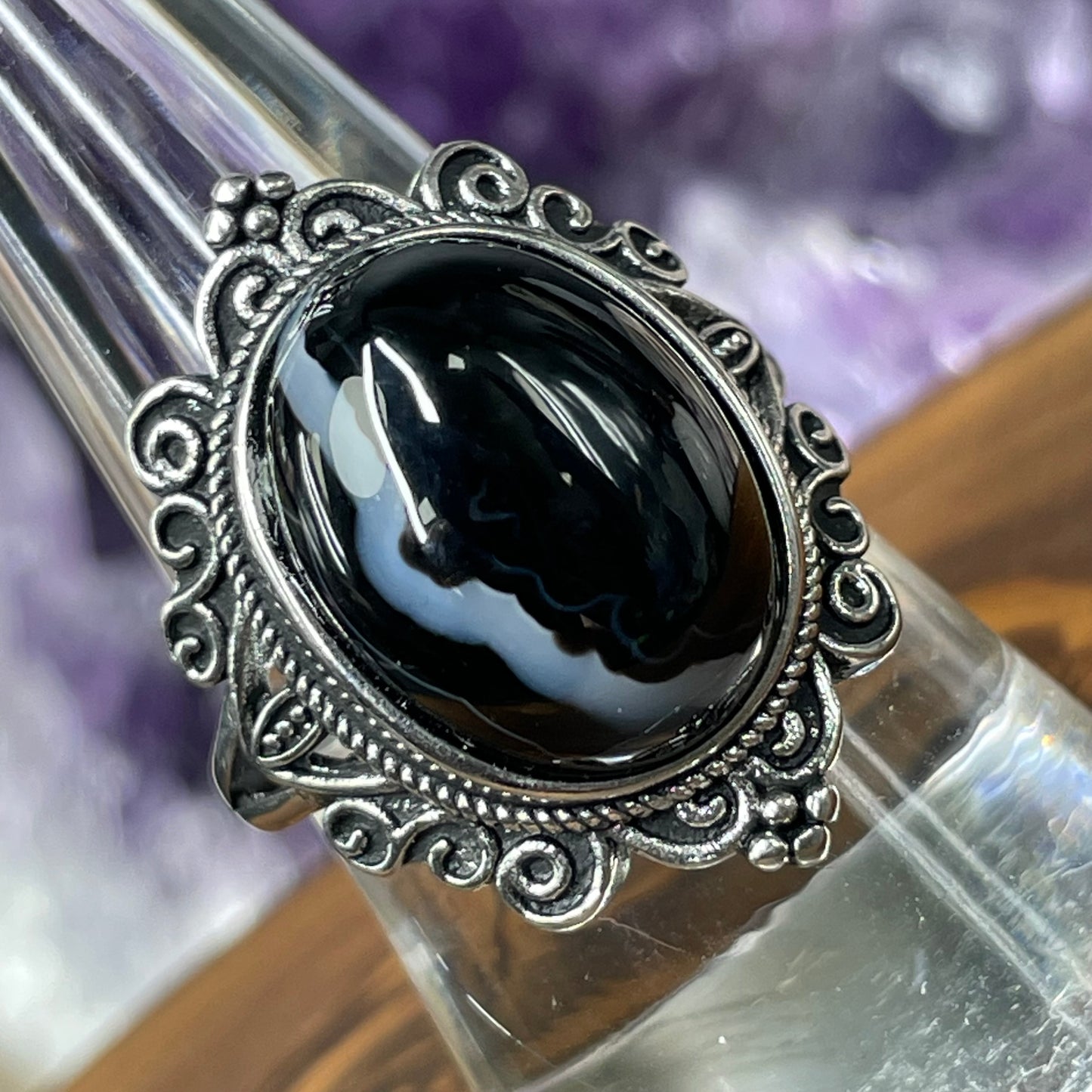Adjustable Black Agate Crystal Silver Plated Ring