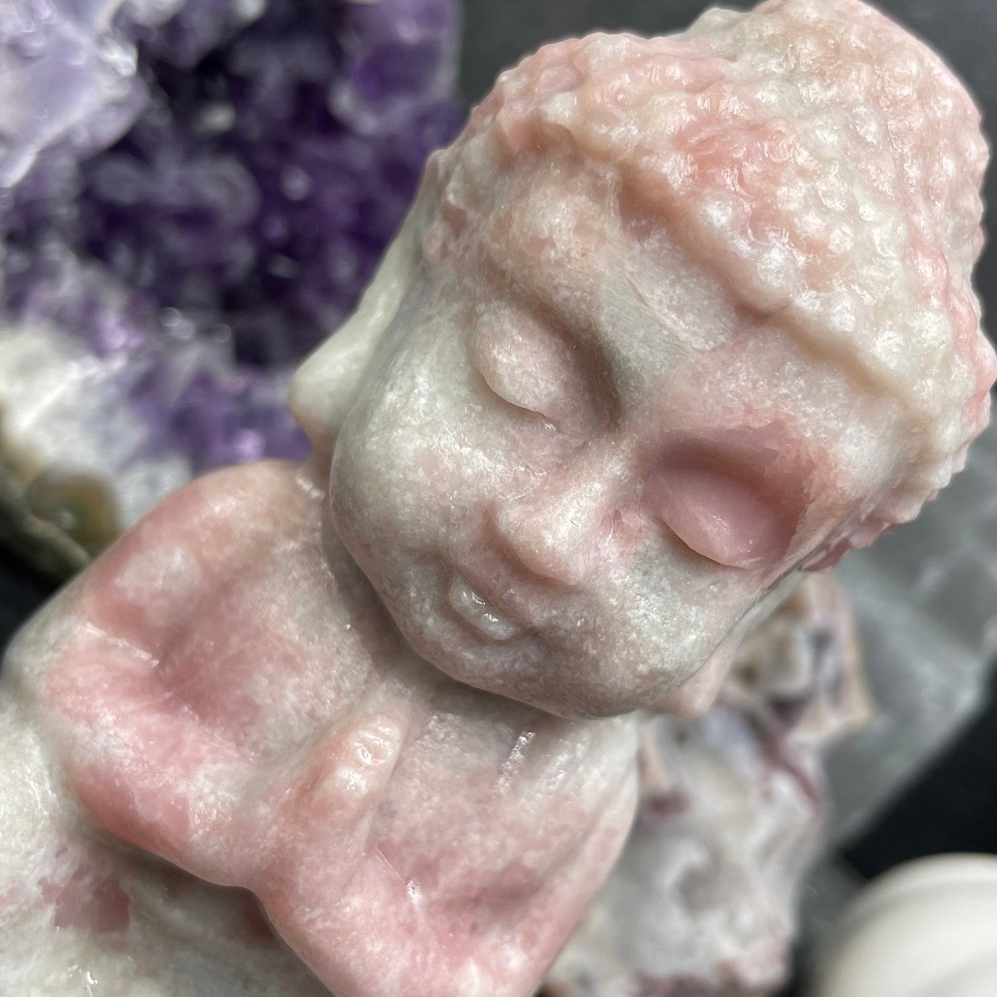 Large Pink Opal Crystal Buddha Carving