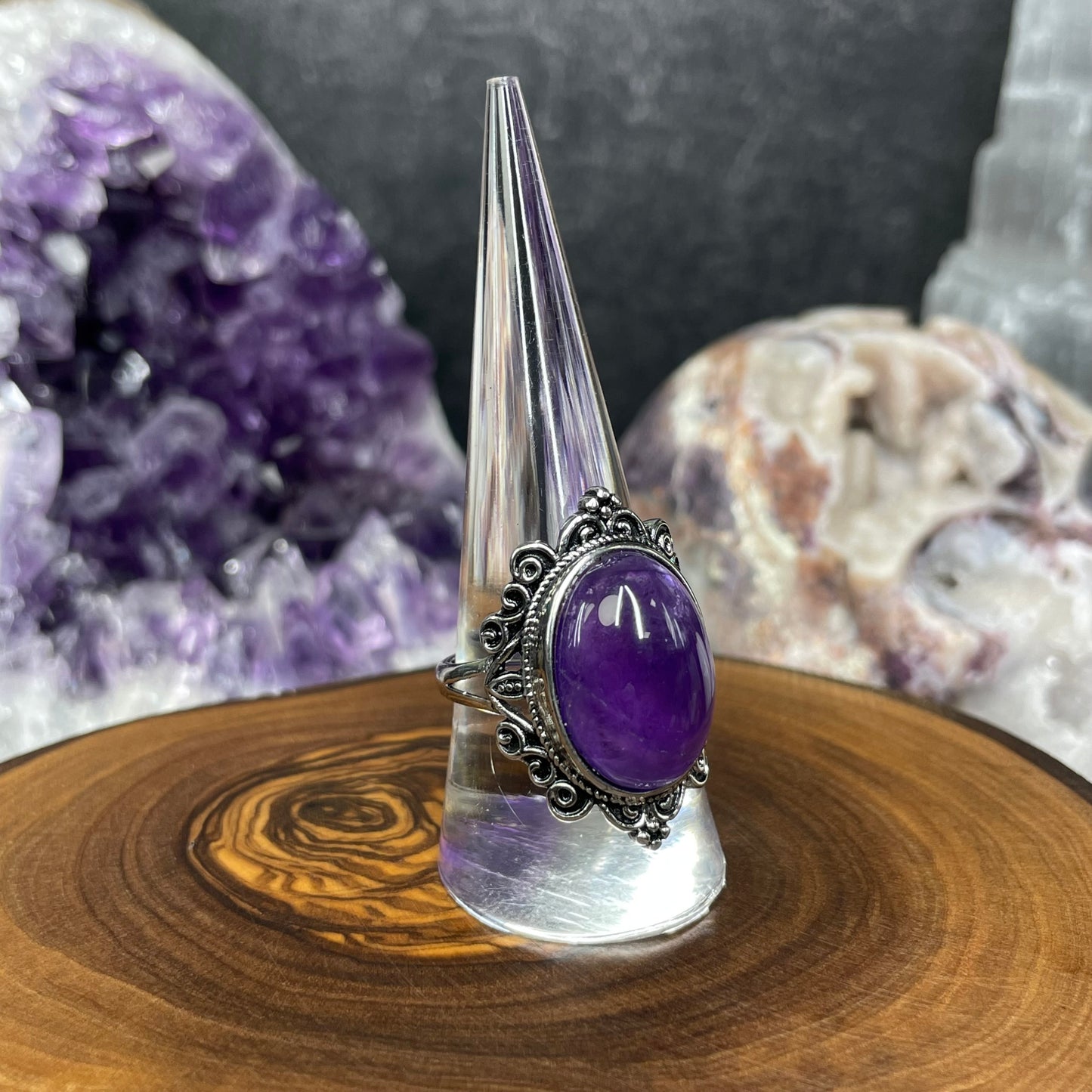 Adjustable Amethyst Crystal Silver Plated Ring