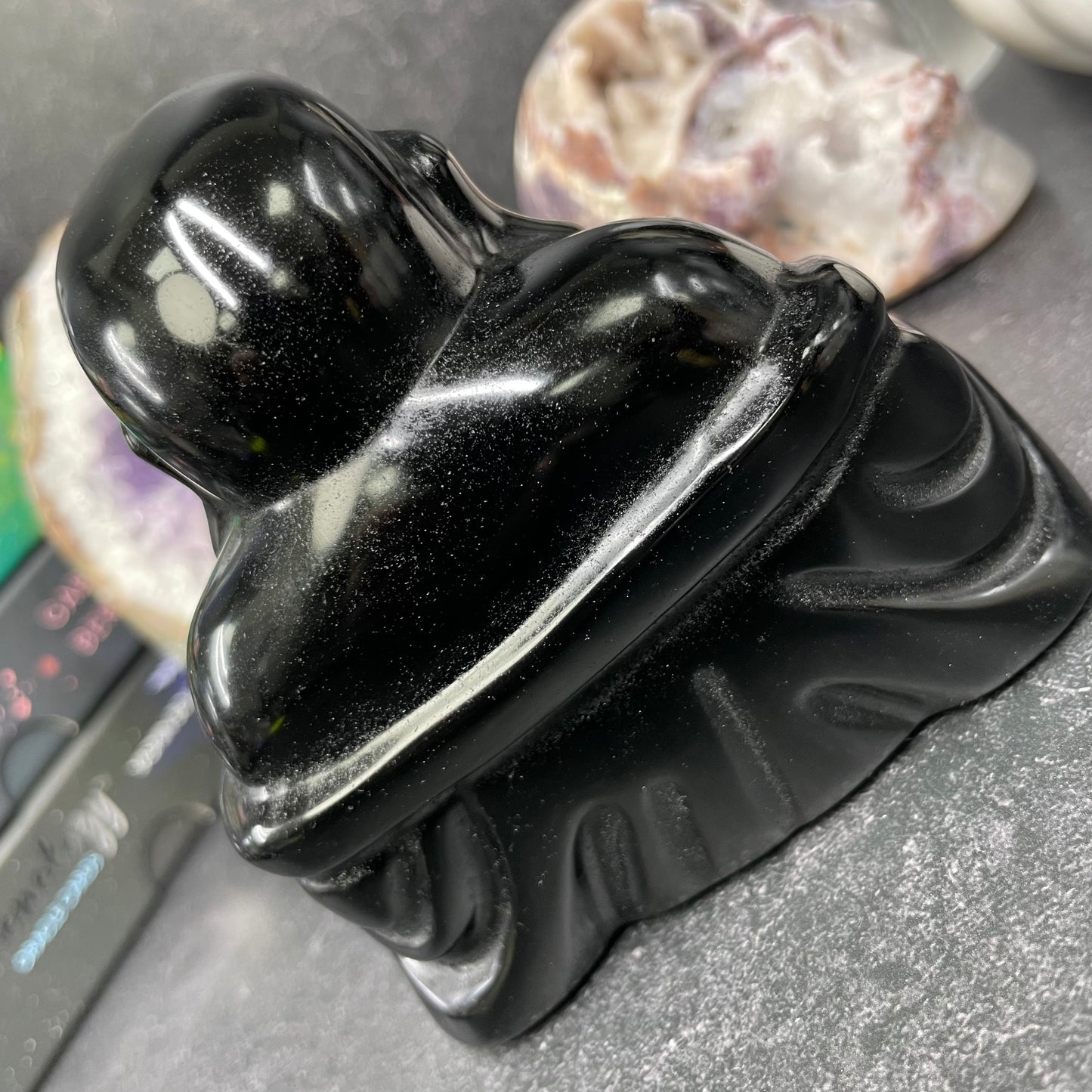 Large Black Obsidian Crystal Laughing Buddha Carving