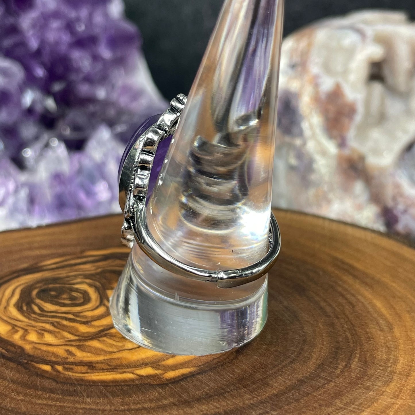 Adjustable Amethyst Crystal Silver Plated Ring