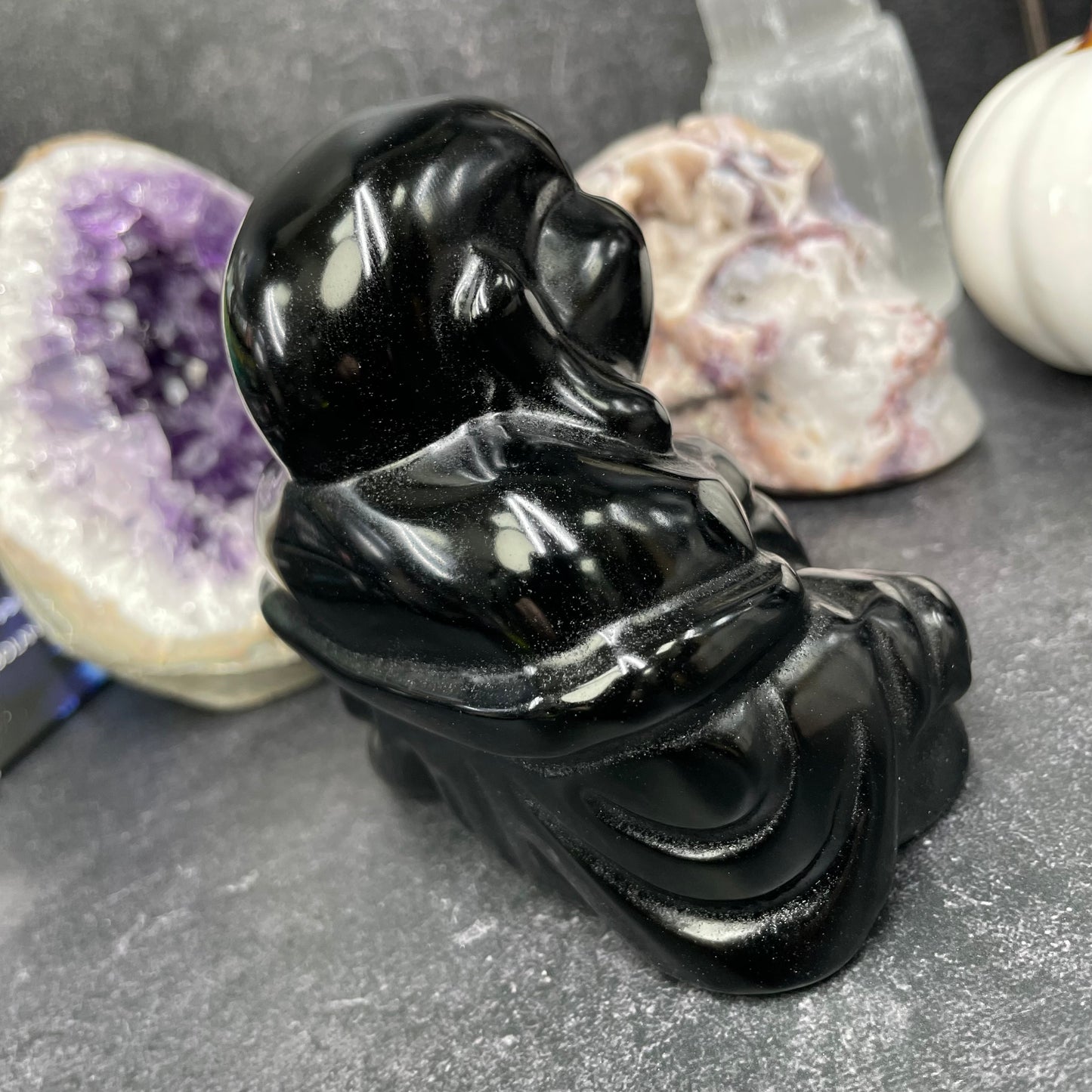 Large Black Obsidian Crystal Laughing Buddha Carving