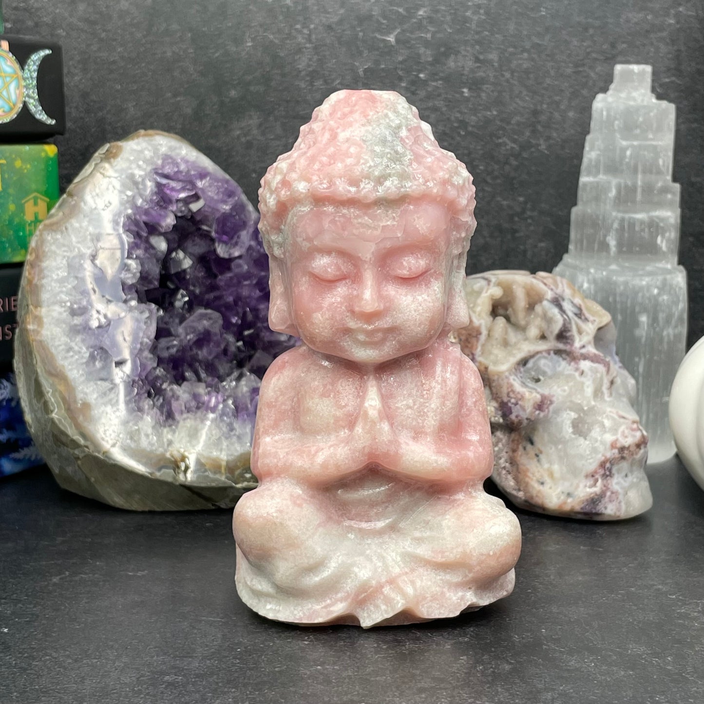 Large Pink Opal Crystal Buddha Carving