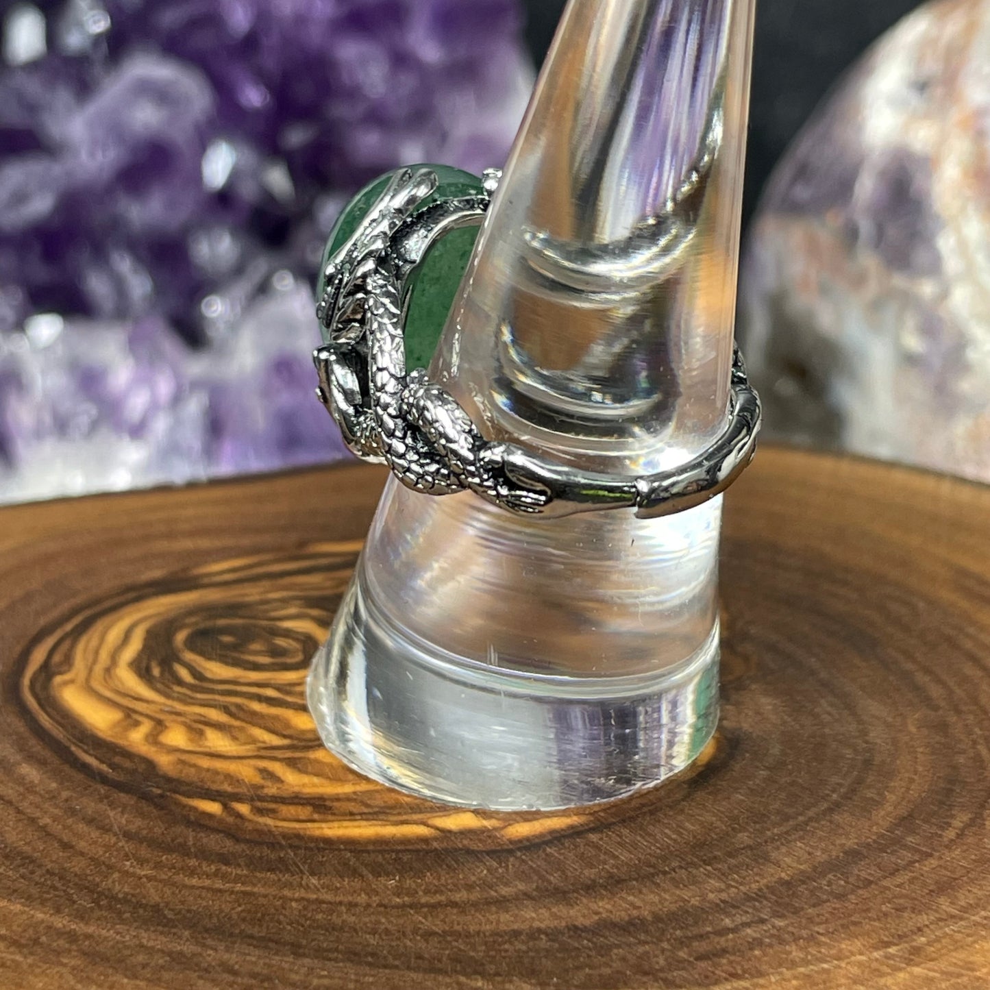 Adjustable Green Strawberry Quartz Crystal Silver Plated Dragon Ring