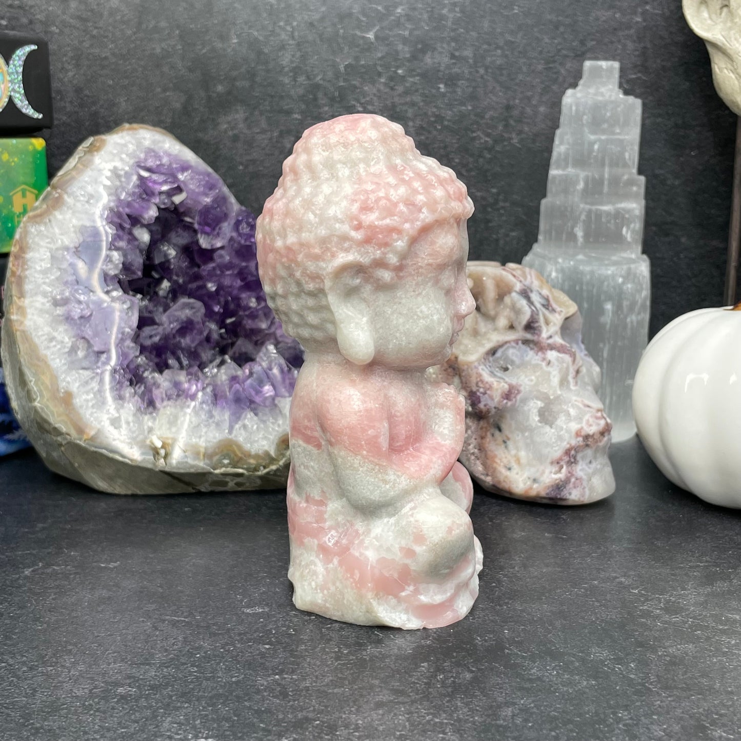Large Pink Opal Crystal Buddha Carving