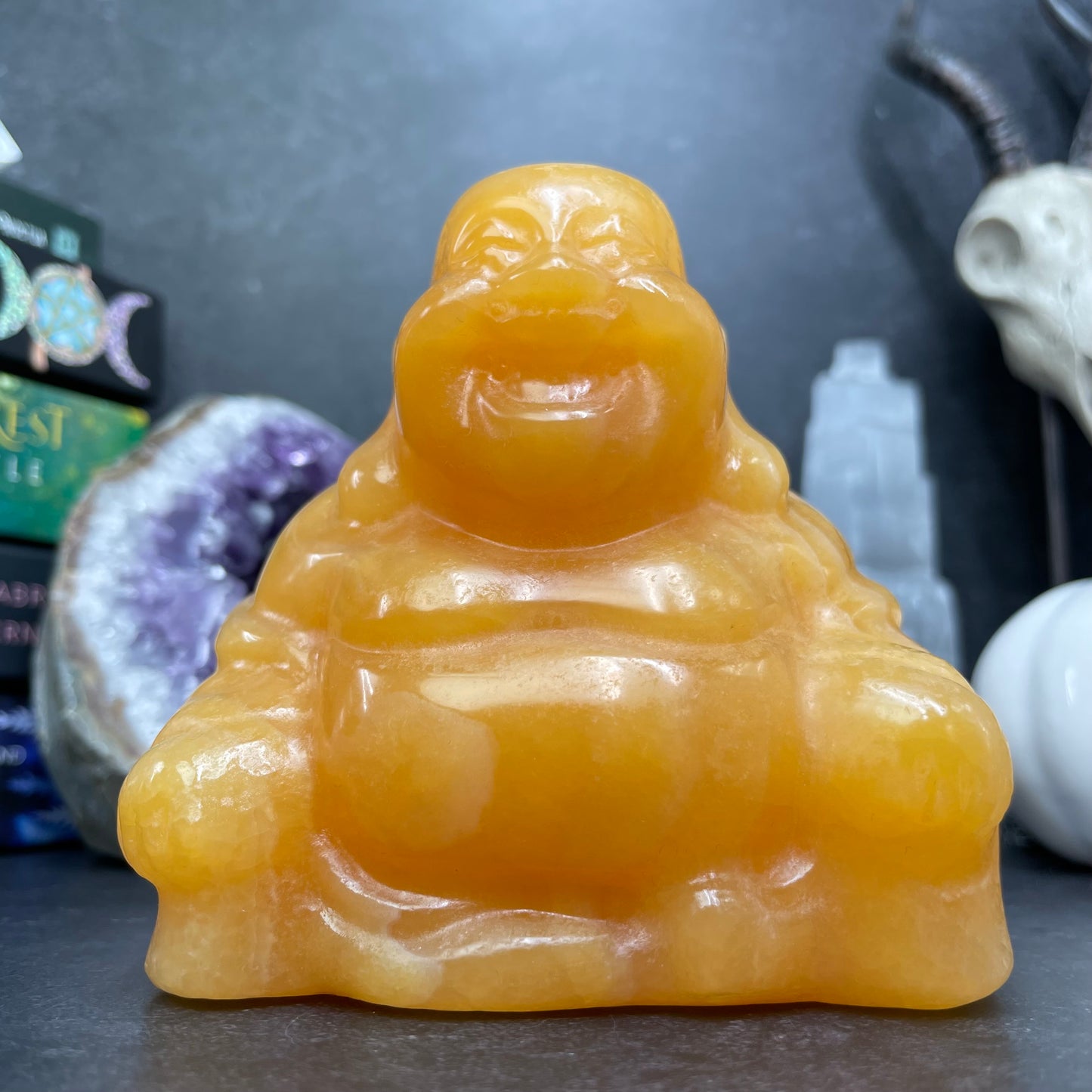 Large Yellow Calcite Crystal Laughing Buddha Carving