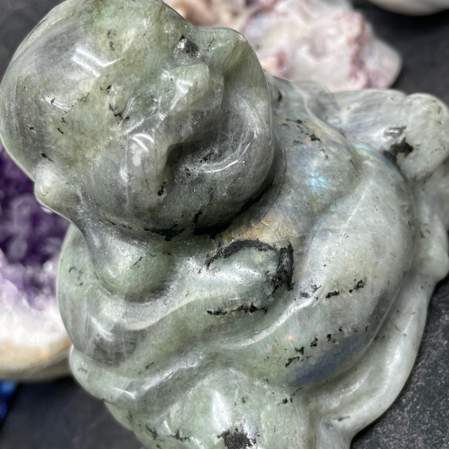 Large Labradorite Crystal Laughing Buddha Carving