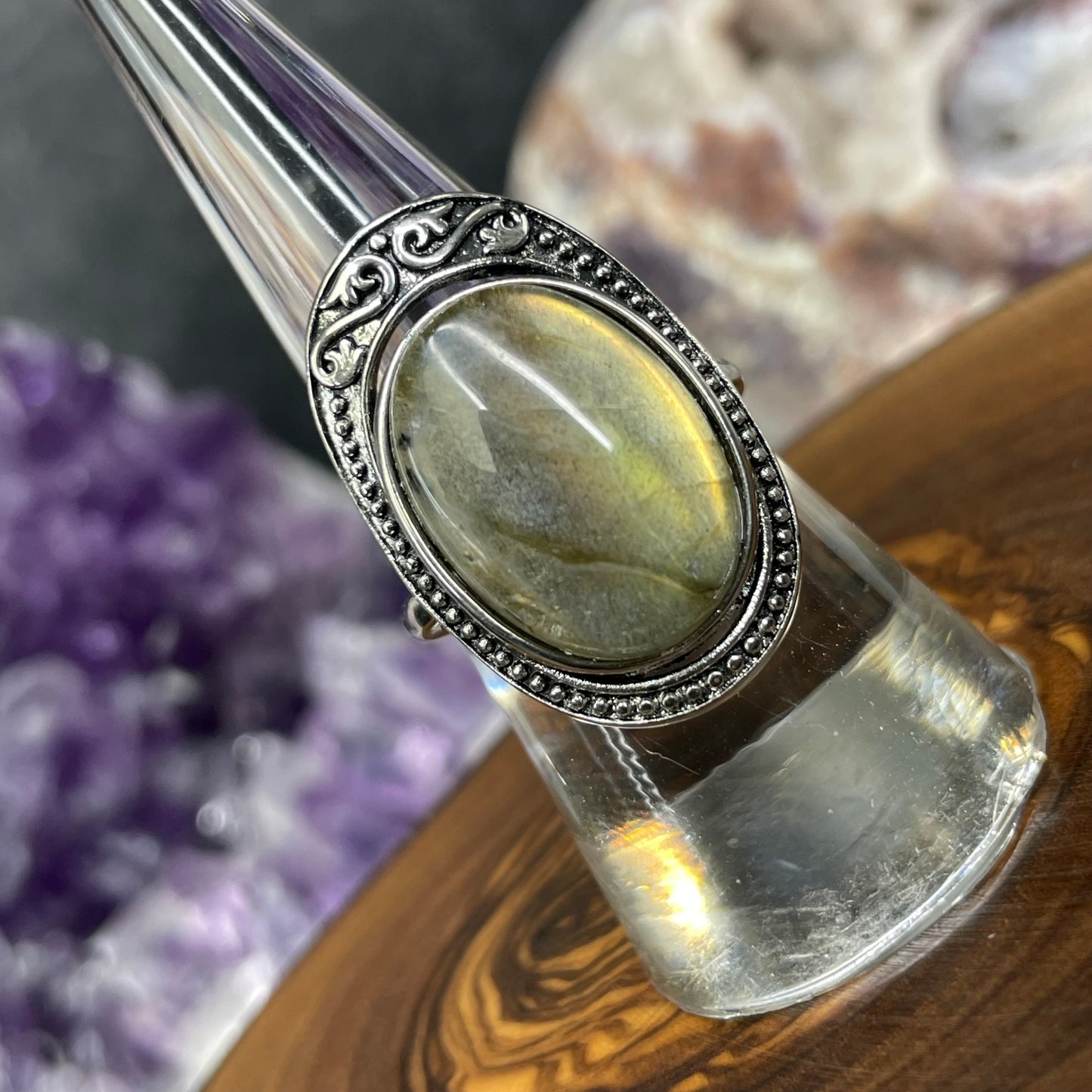 Adjustable Labradorite Crystal Silver Plated Ring