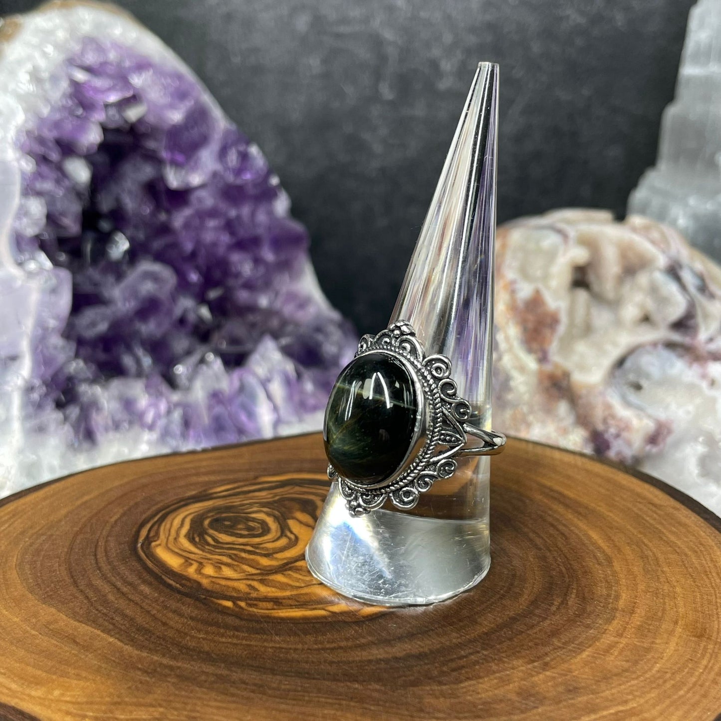 Adjustable Blue Tiger's Eye Crystal Silver Plated Ring