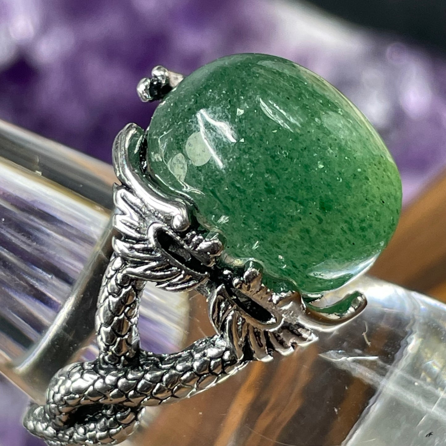 Adjustable Green Strawberry Quartz Crystal Silver Plated Dragon Ring